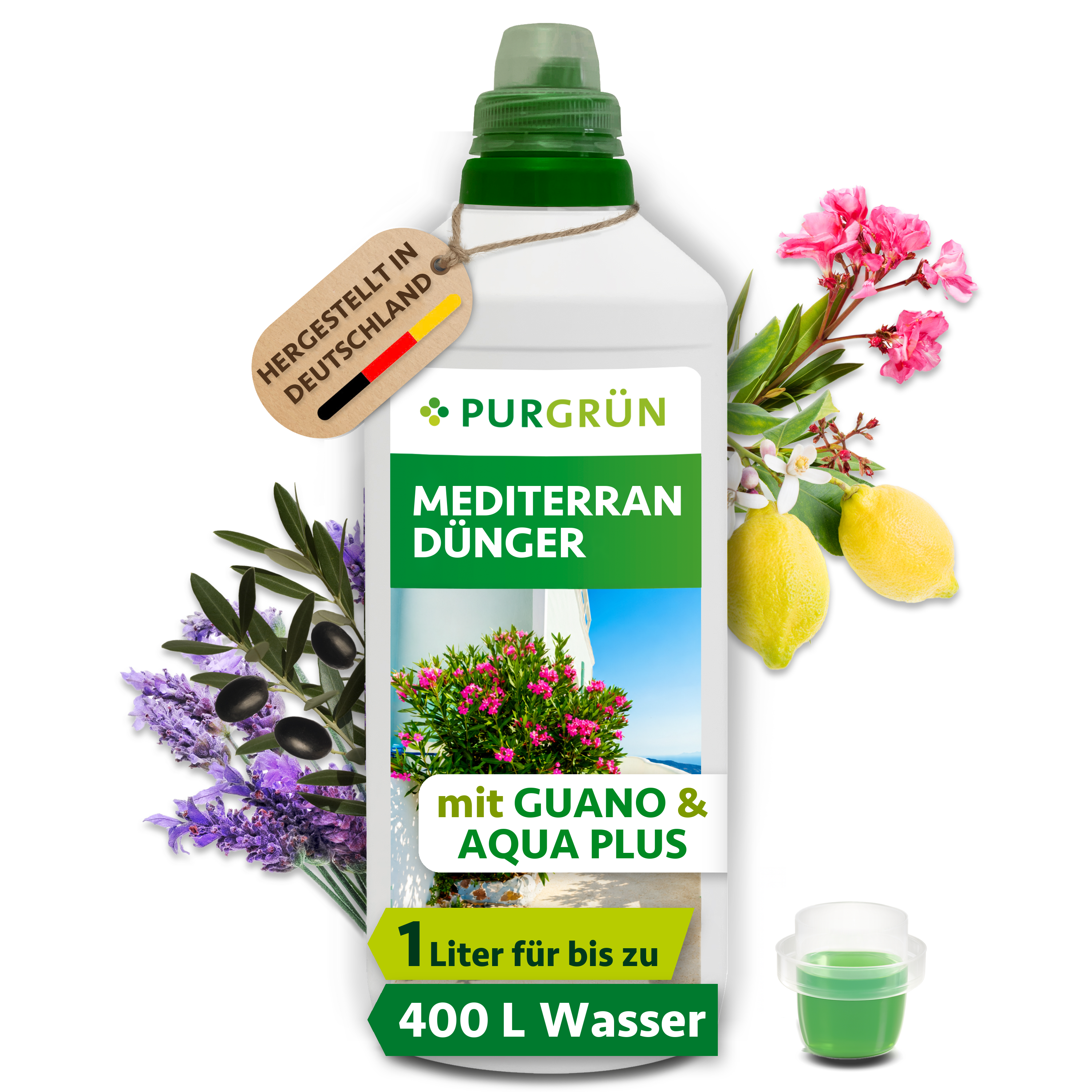 Mediterrane Pflanzen Dünger flüssig 1 L, mit Guano & Aqua Plus, chloridarm – Purgrün