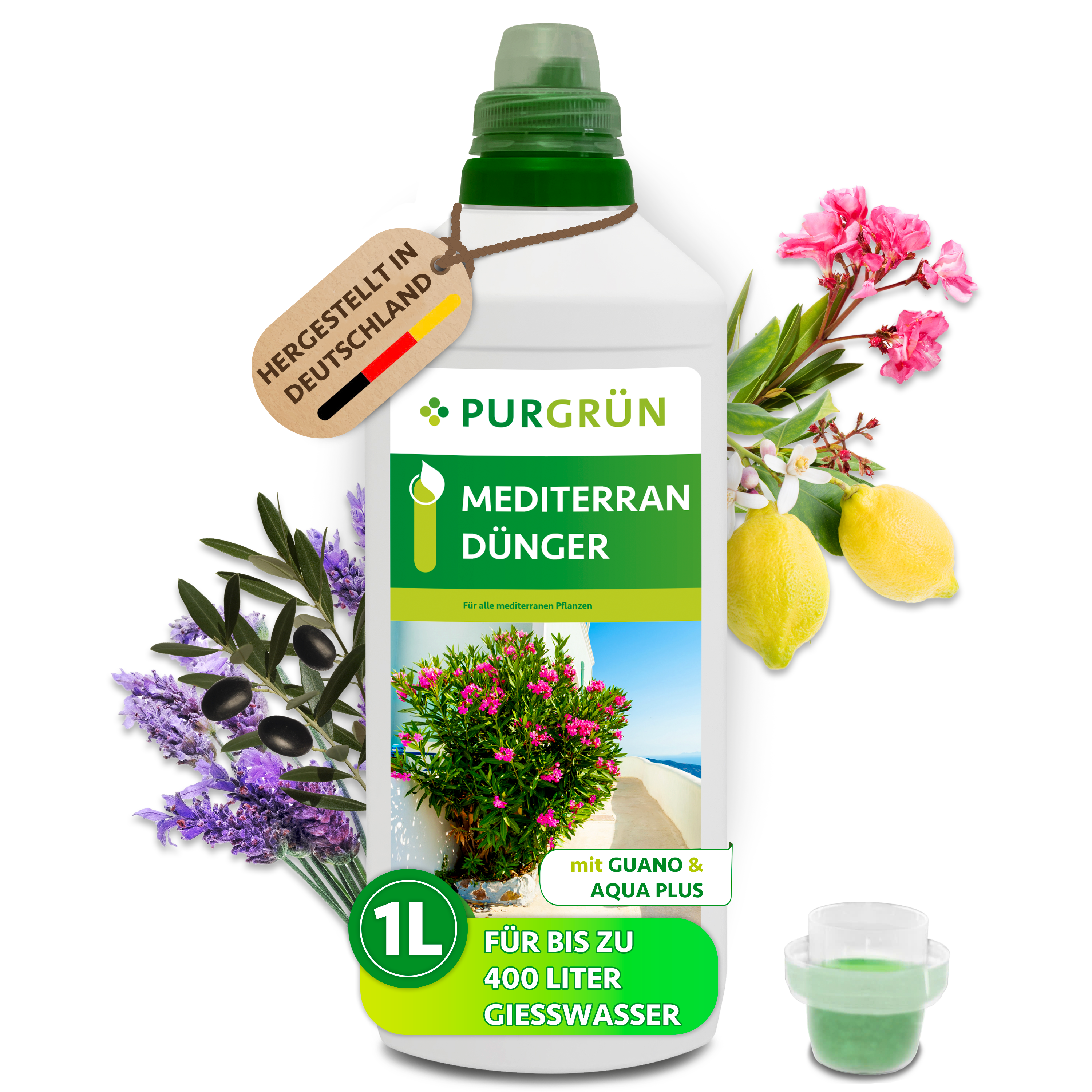Mediterrane Pflanzen Dünger flüssig 1 L, mit Guano & Aqua Plus, chloridarm – Purgrün