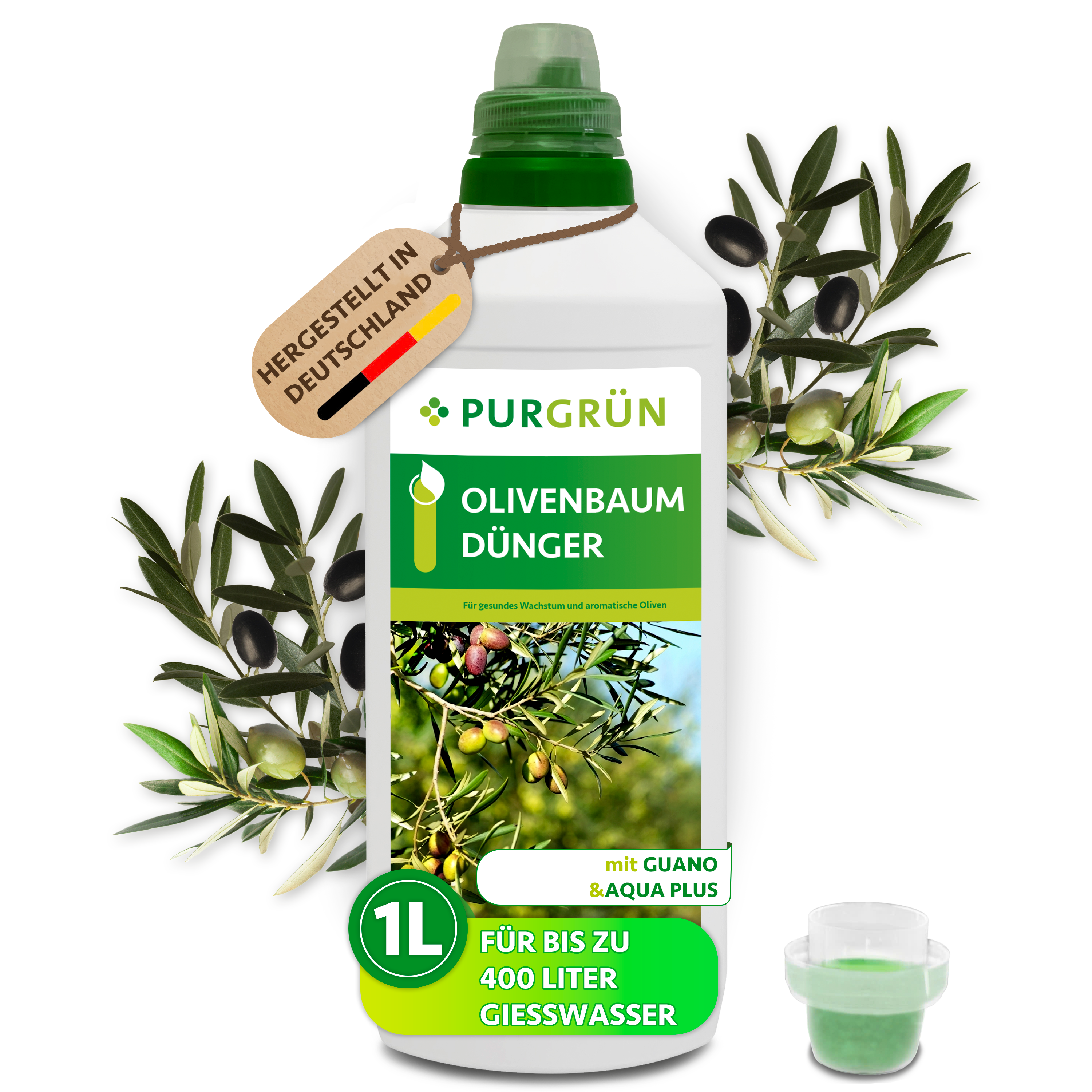 Olivenbaum Dünger flüssig 1 L für bis zu 400 L Gießwasser, für reiche Olivenernte – Purgrün
