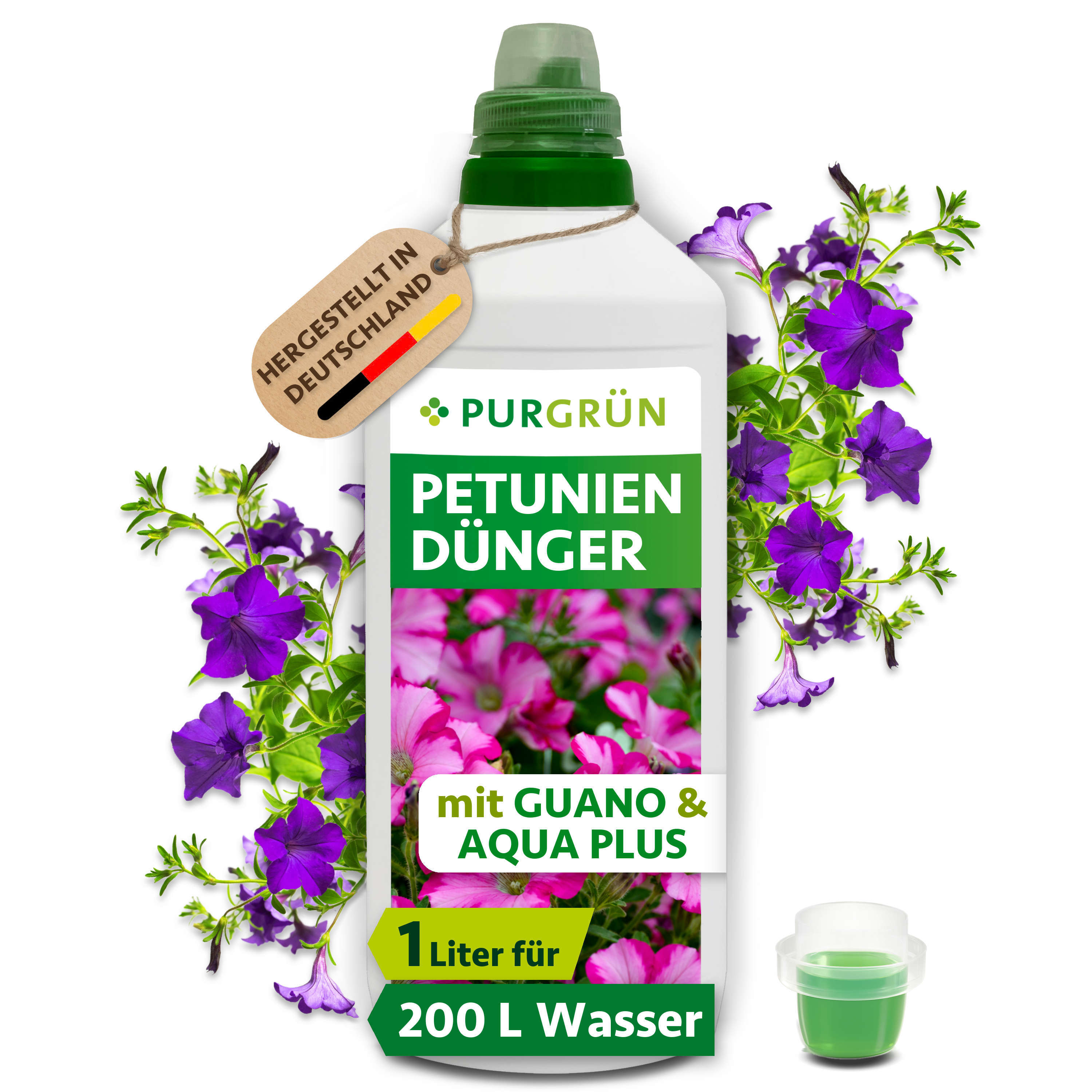 Petuniendünger flüssig 1 L für ca. 200 L Gießwasser, mit Guano & Aqua Plus – Purgrün