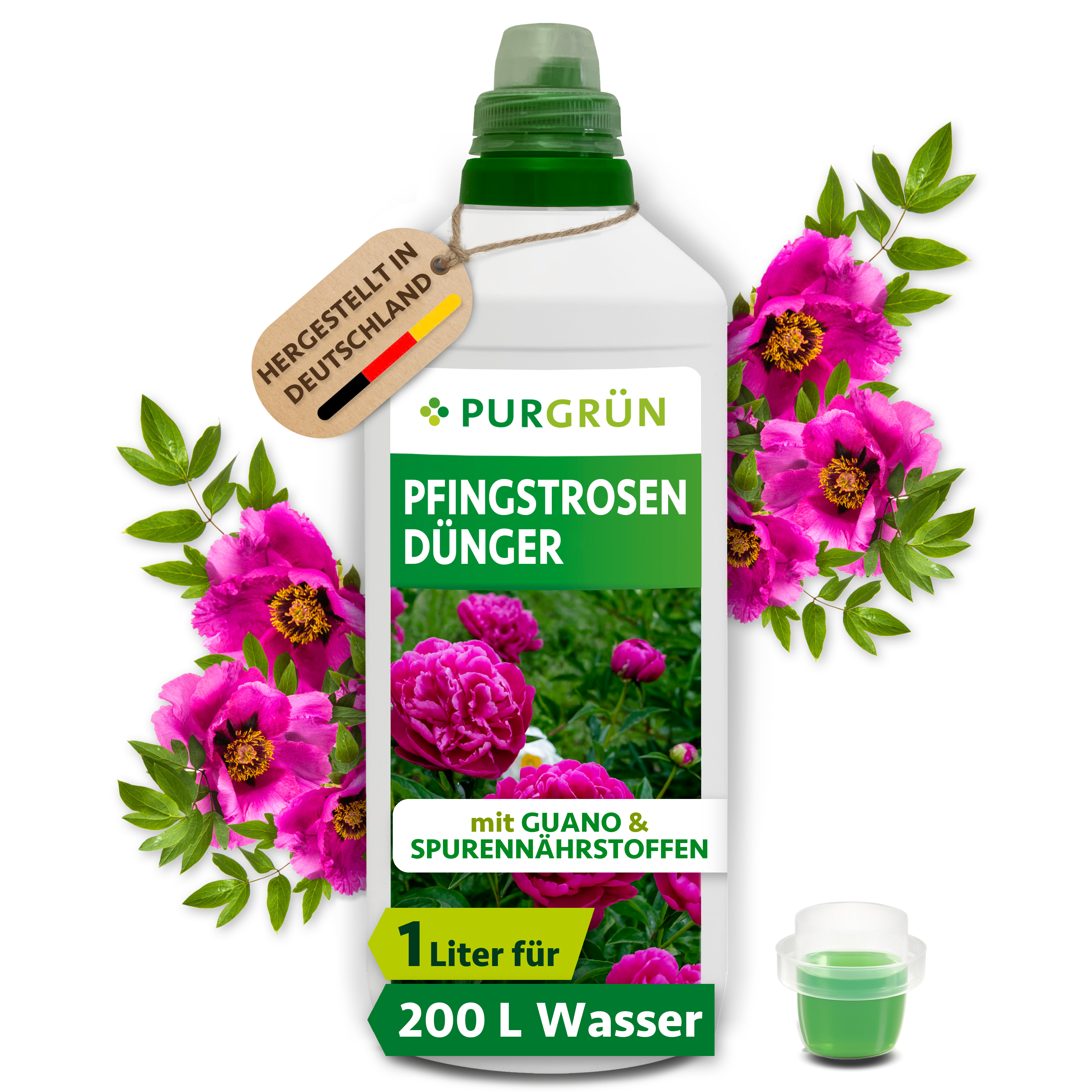 Pfingstrosen Dünger flüssig 1 L für 200 L Gießwasser, mit Guano, für üppige Blüten – Purgrün