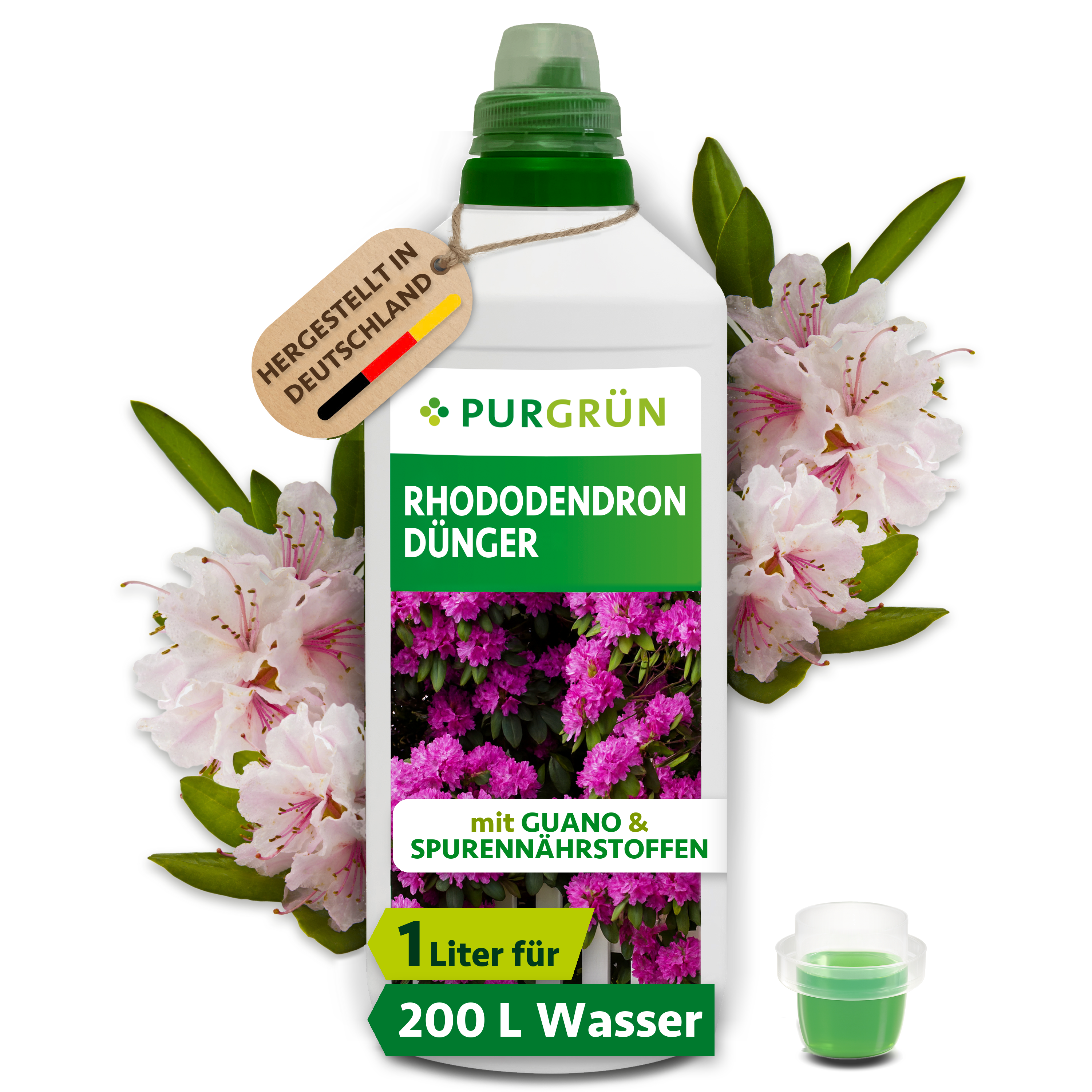 Rhododendrondünger flüssig 1 L, mit Guano, für prächtige Blüten, chloridarm – Purgrün