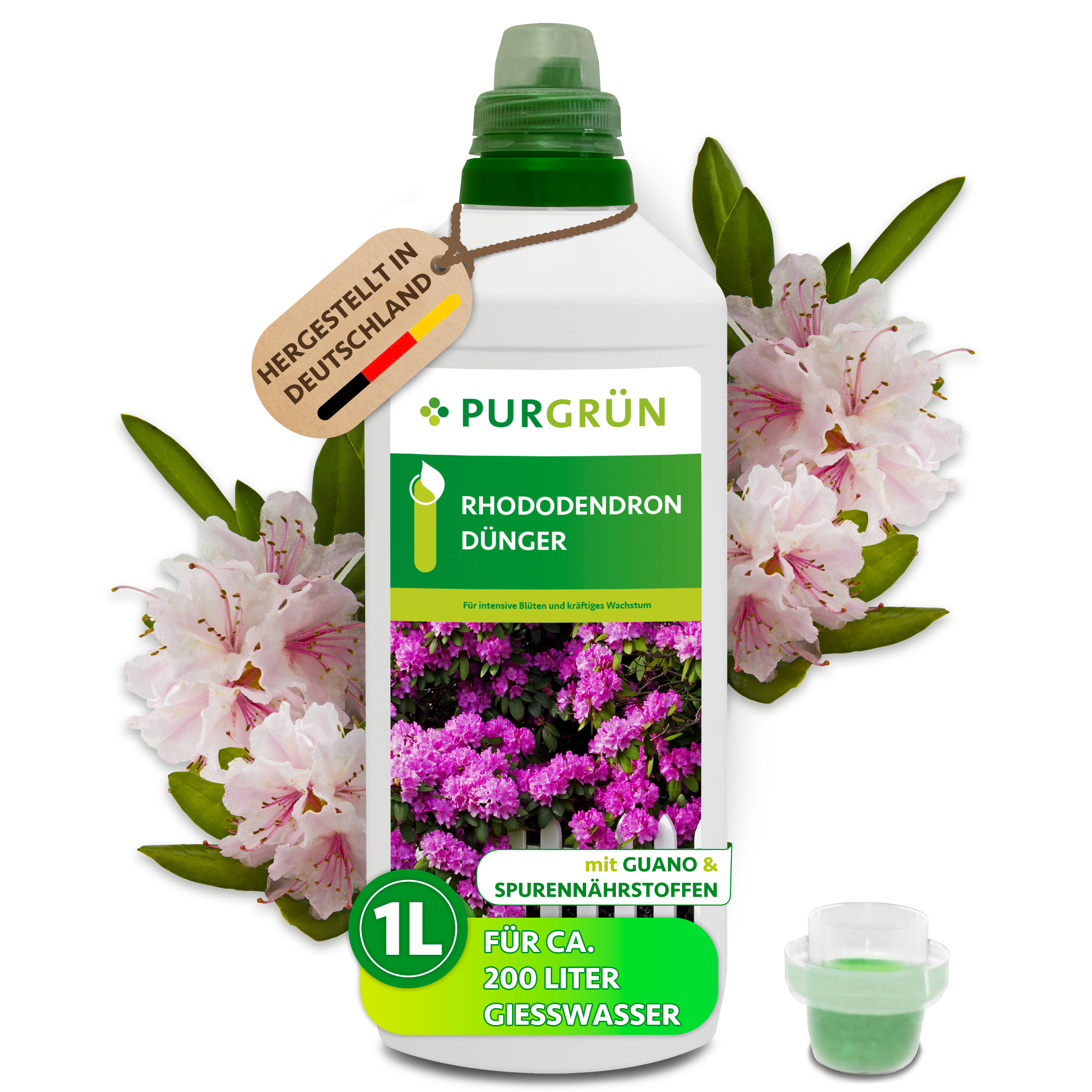 Rhododendrondünger flüssig 1 L, mit Guano, für prächtige Blüten, chloridarm – Purgrün