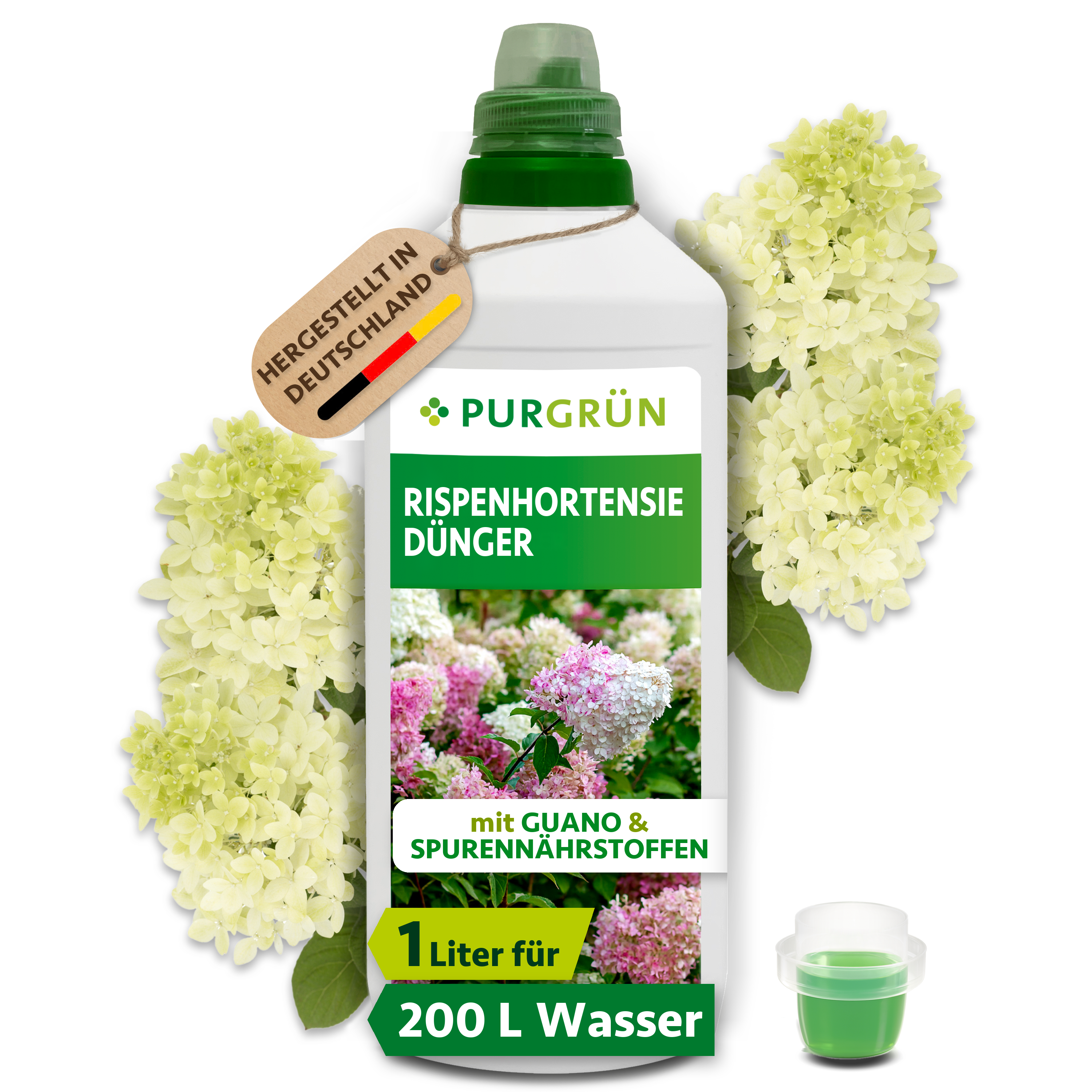 Rispenhortensie Dünger flüssig 1 L für 200 L Gießwasser, mit Guano, für langanhaltende Blüten – Purgrün