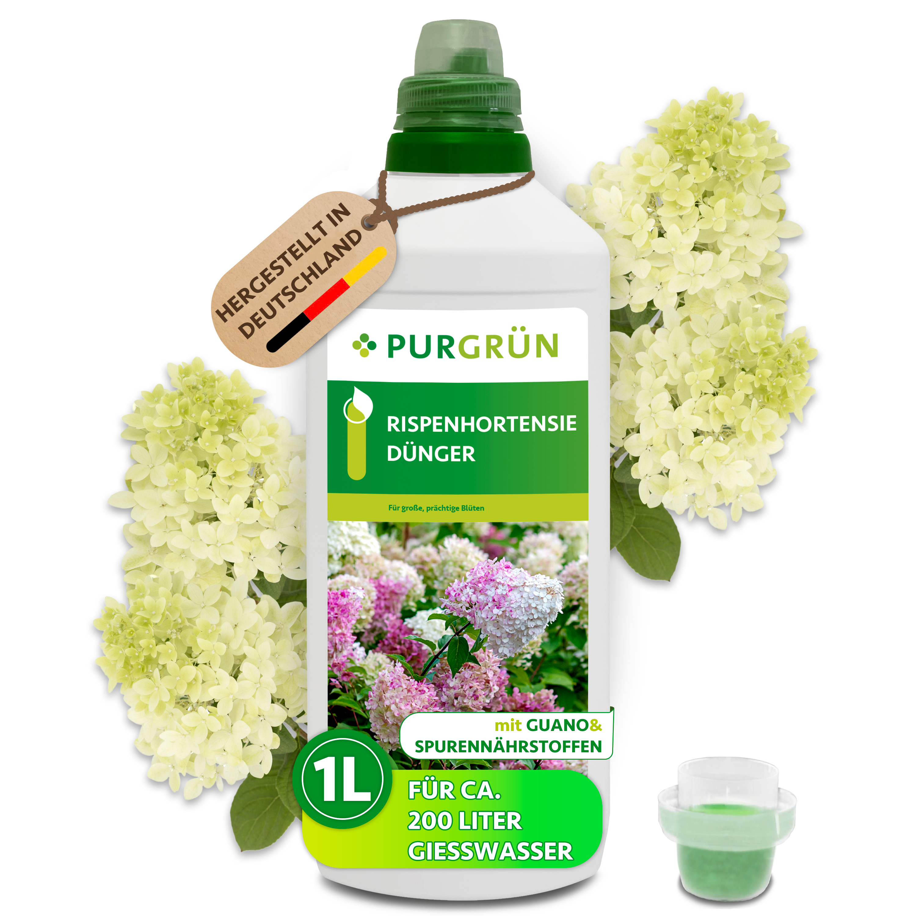 Rispenhortensie Dünger flüssig 1 L für 200 L Gießwasser, mit Guano, für langanhaltende Blüten – Purgrün