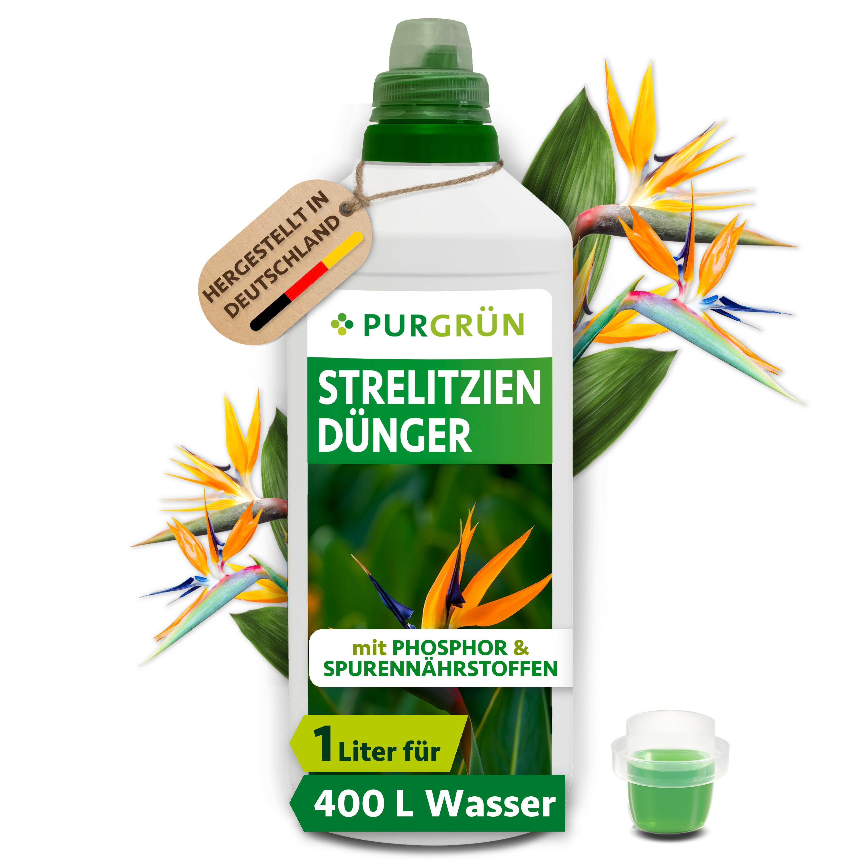 Purgrün | Strelitzien Dünger flüssig 1 L für 400 L Gießwasser, chloridarm, für leuchtende Blüten