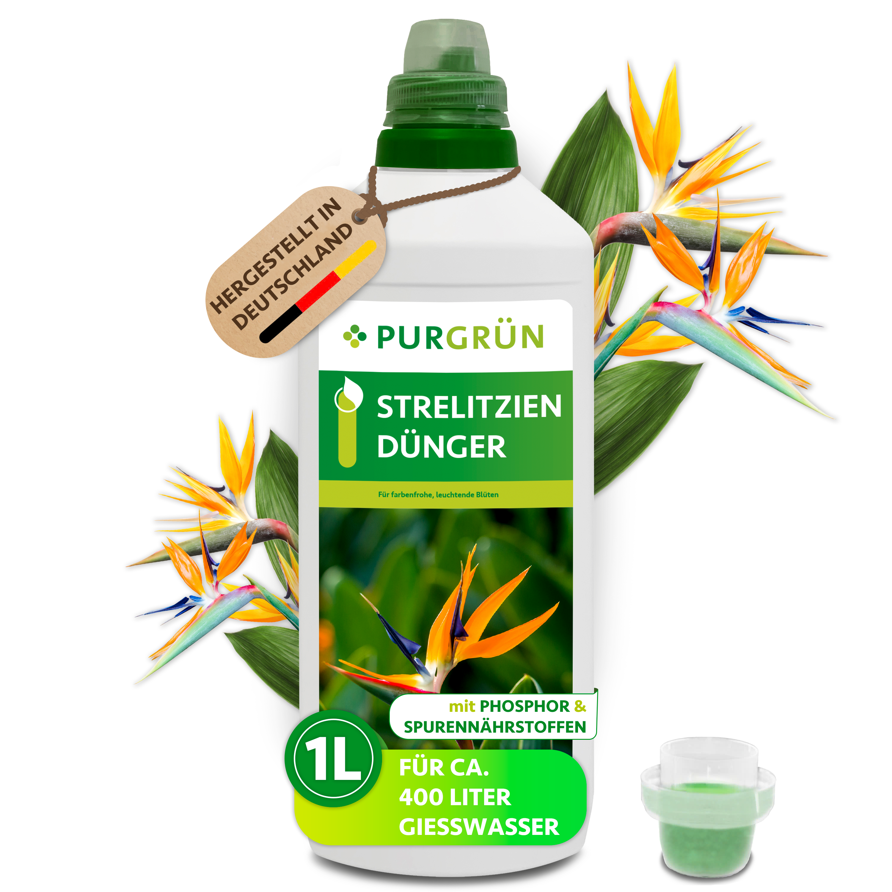 Purgrün / Strelitzien Dünger flüssig 1 L für 400 L Gießwasser, chloridarm, für leuchtende Blüten