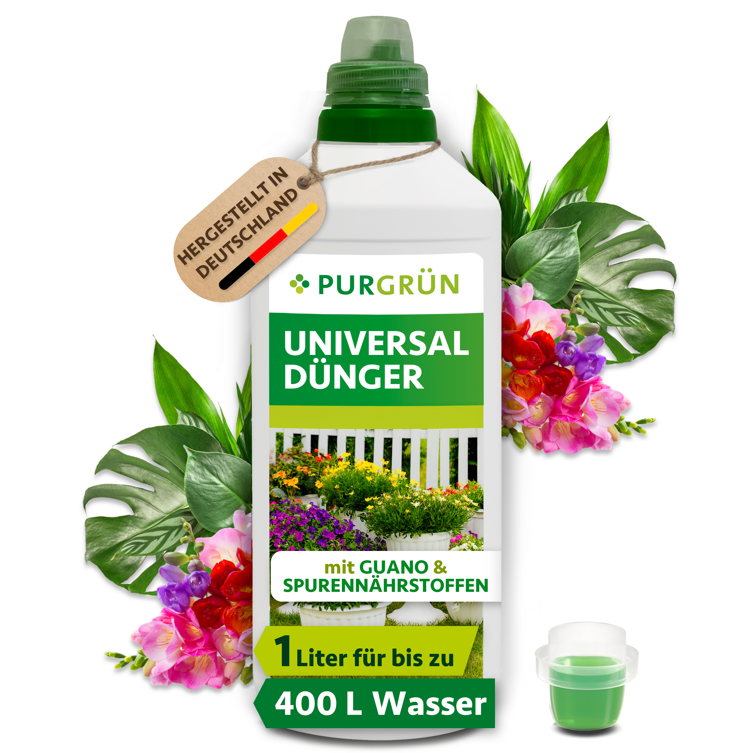 Universaldünger flüssig 1 L für bis zu 400 L Gießwasser, mit Guano & Spurennährstoffen – Purgrün
