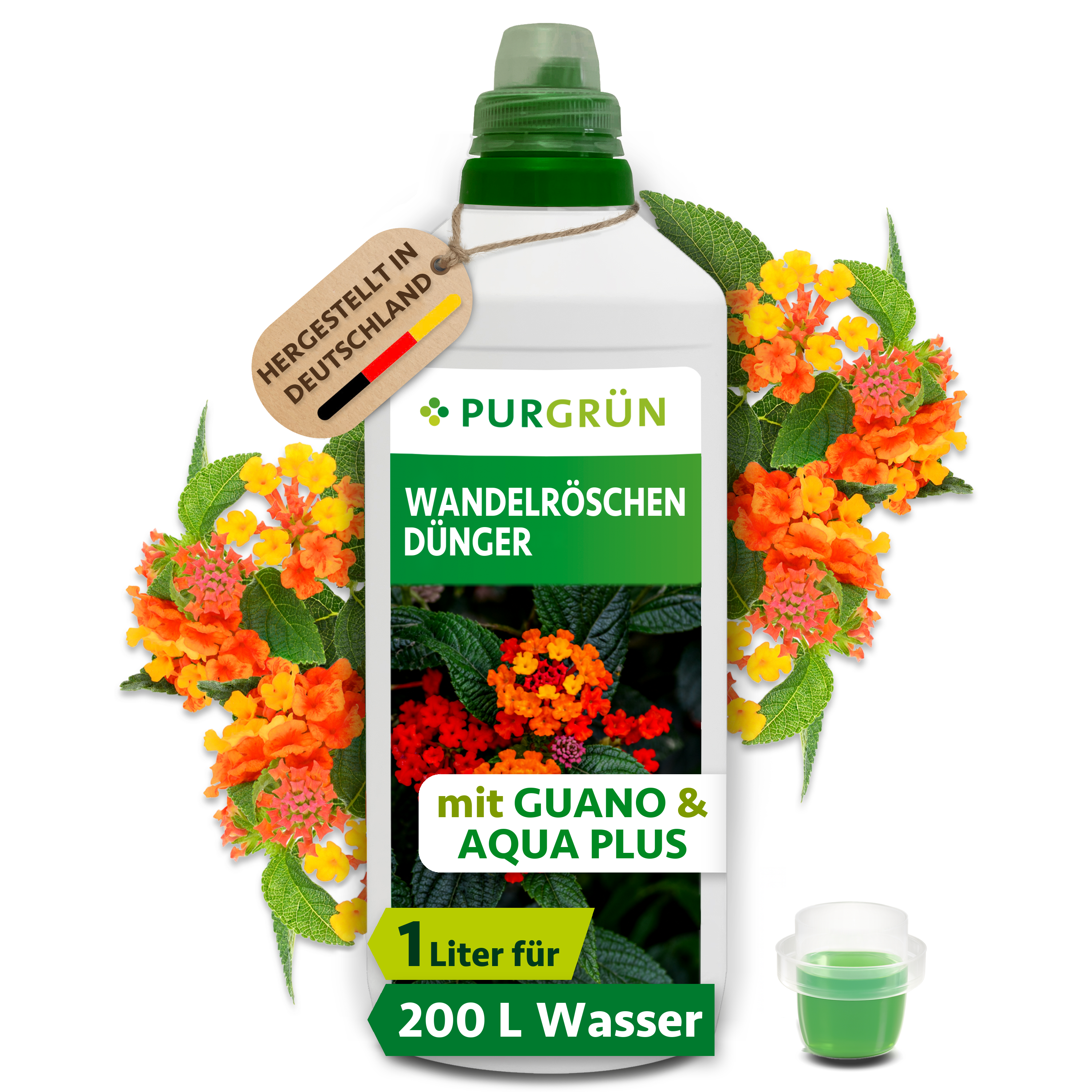 Wandelröschen Dünger flüssig 1 L für 200 L Gießwasser, mit Guano & Aqua Plus, für üppige Blüten – Purgrün