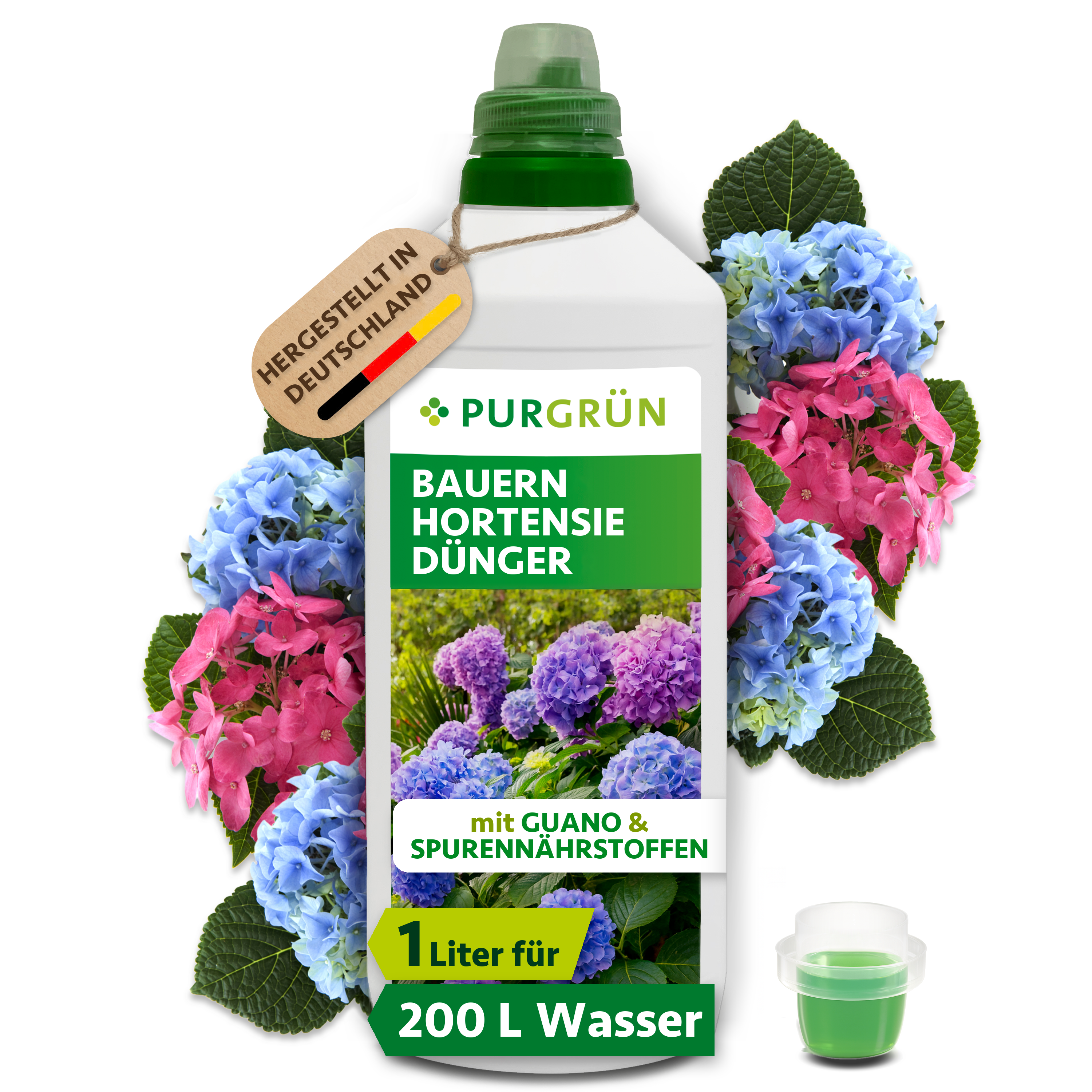 Purgrün | Bauernhortensie Dünger flüssig 1 L für ca. 200 L Gießwasser, mit Guano, für leuchtende Blüten