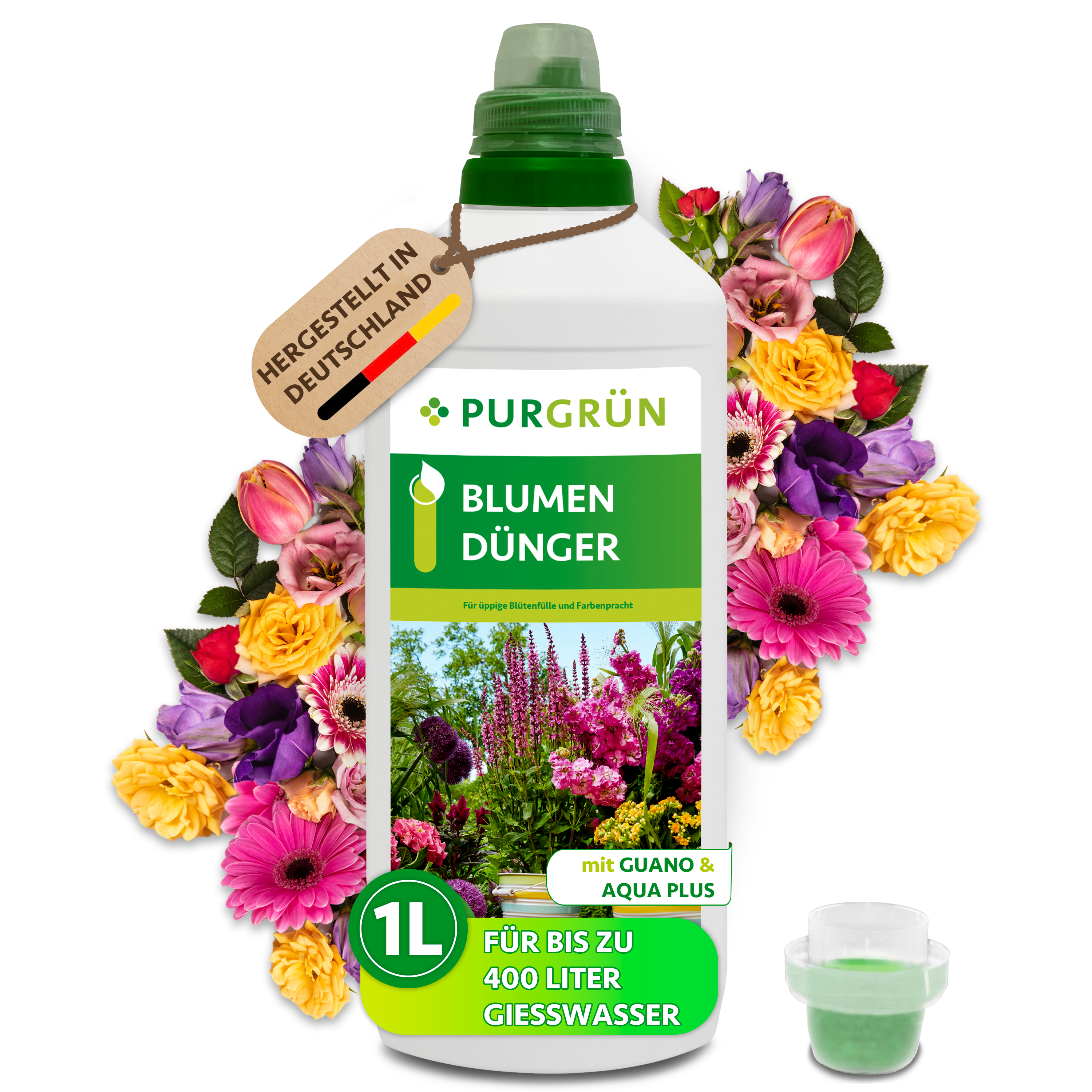 Purgrün / Blumendünger flüssig 1 L für bis zu 400 L Gießwasser, mit Guano & Aqua Plus, für üppige Blüten