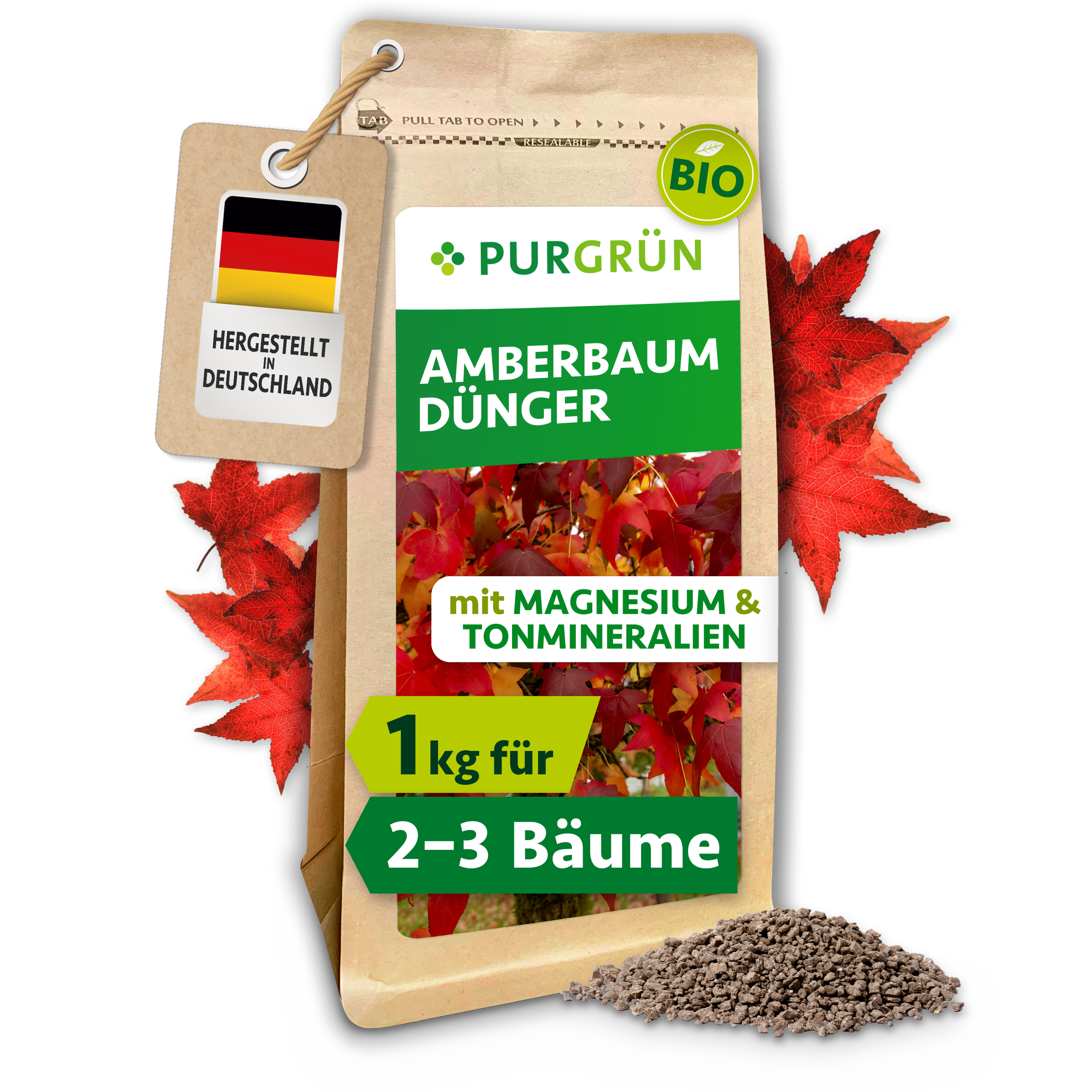 Purgrün | Amberbaum Dünger Bio Granulat 1 kg, für leuchtende Herbstfärbung, Langzeitwirkung