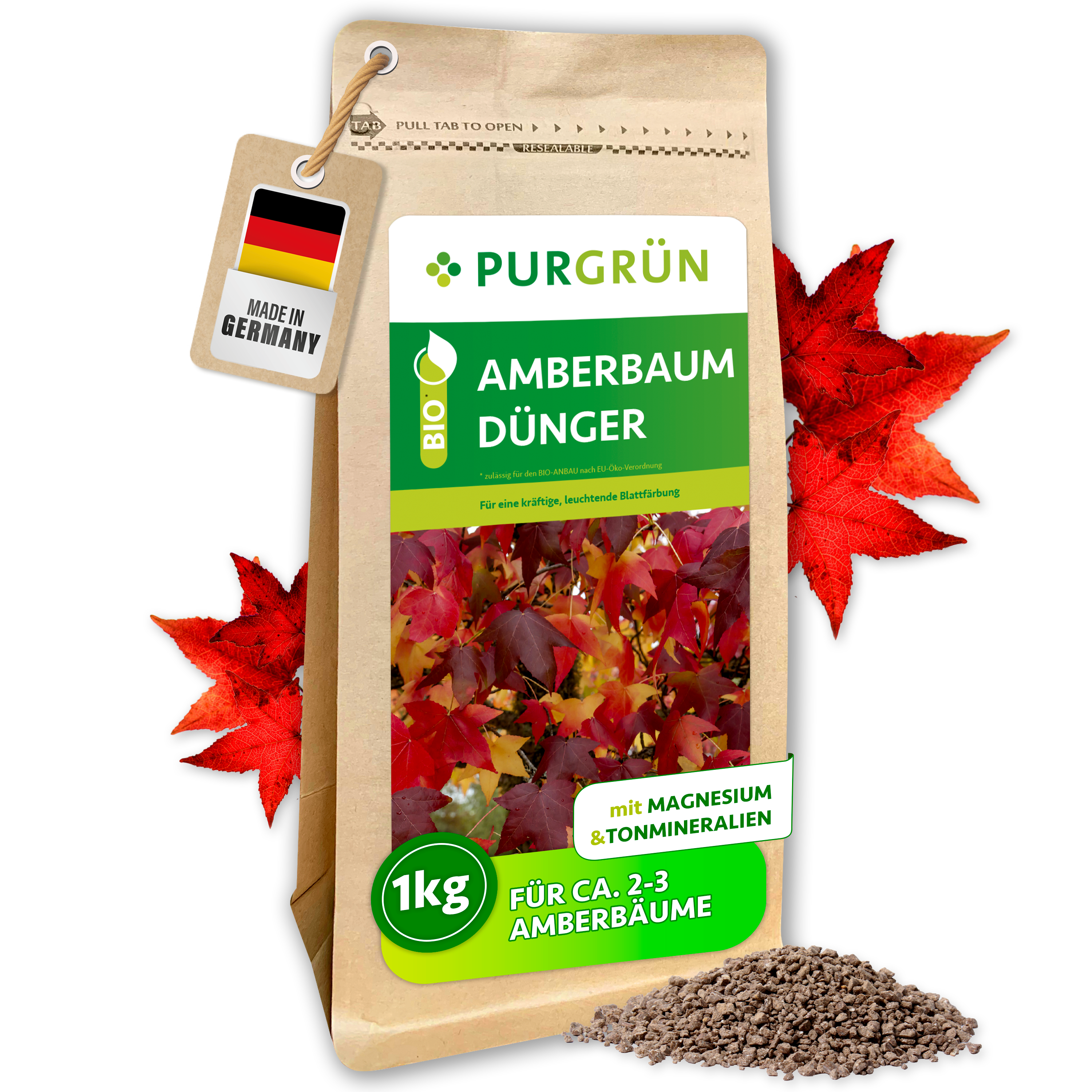 Purgrün / Amberbaum Dünger Bio Granulat 1 kg, für leuchtende Herbstfärbung, Sofort- & Langzeitwirkung