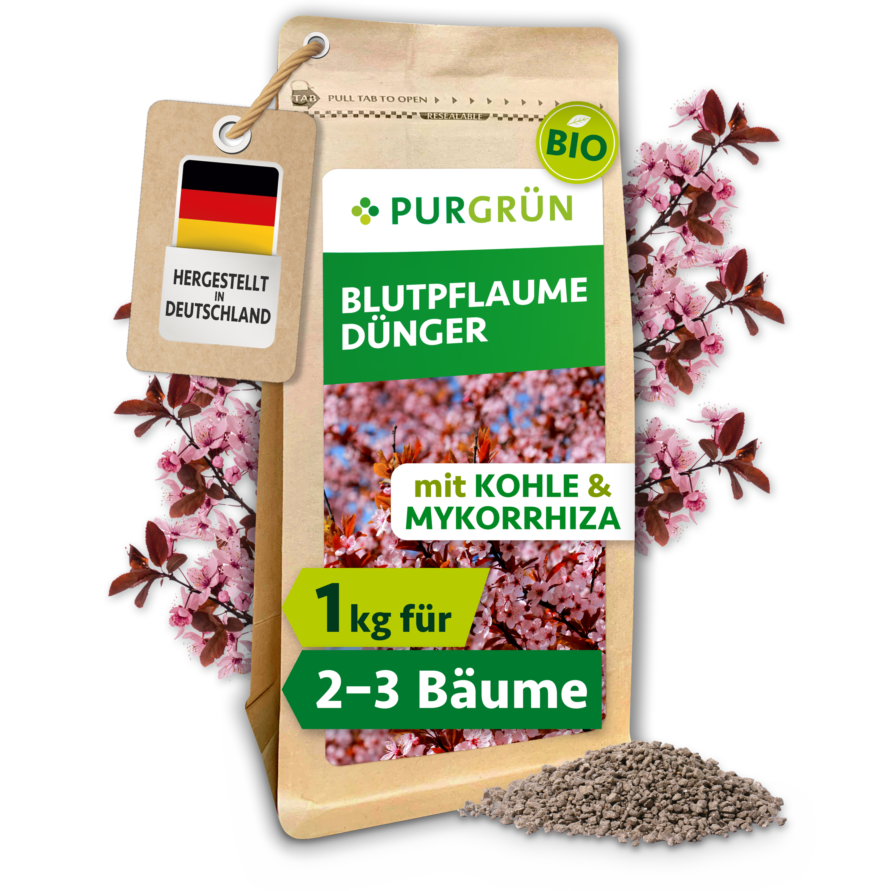 Blutpflaume Dünger Bio Granulat 1 kg, mit Pflanzenkohle & Mykorrhiza, für rotes Laub – Purgrün