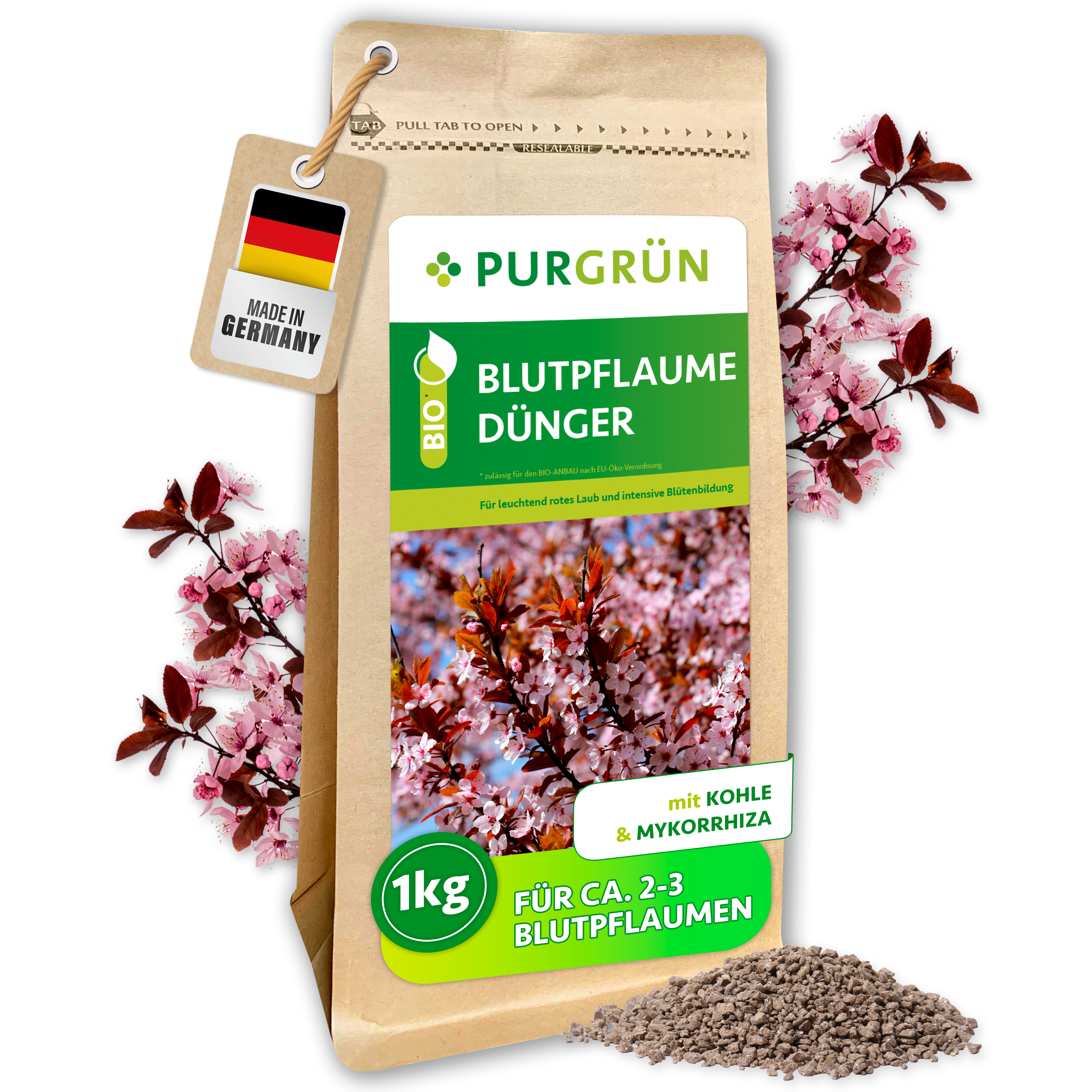 Blutpflaume Dünger Bio Granulat 1 kg, mit Pflanzenkohle & Mykorrhiza, für reiche Ernte – Purgrün