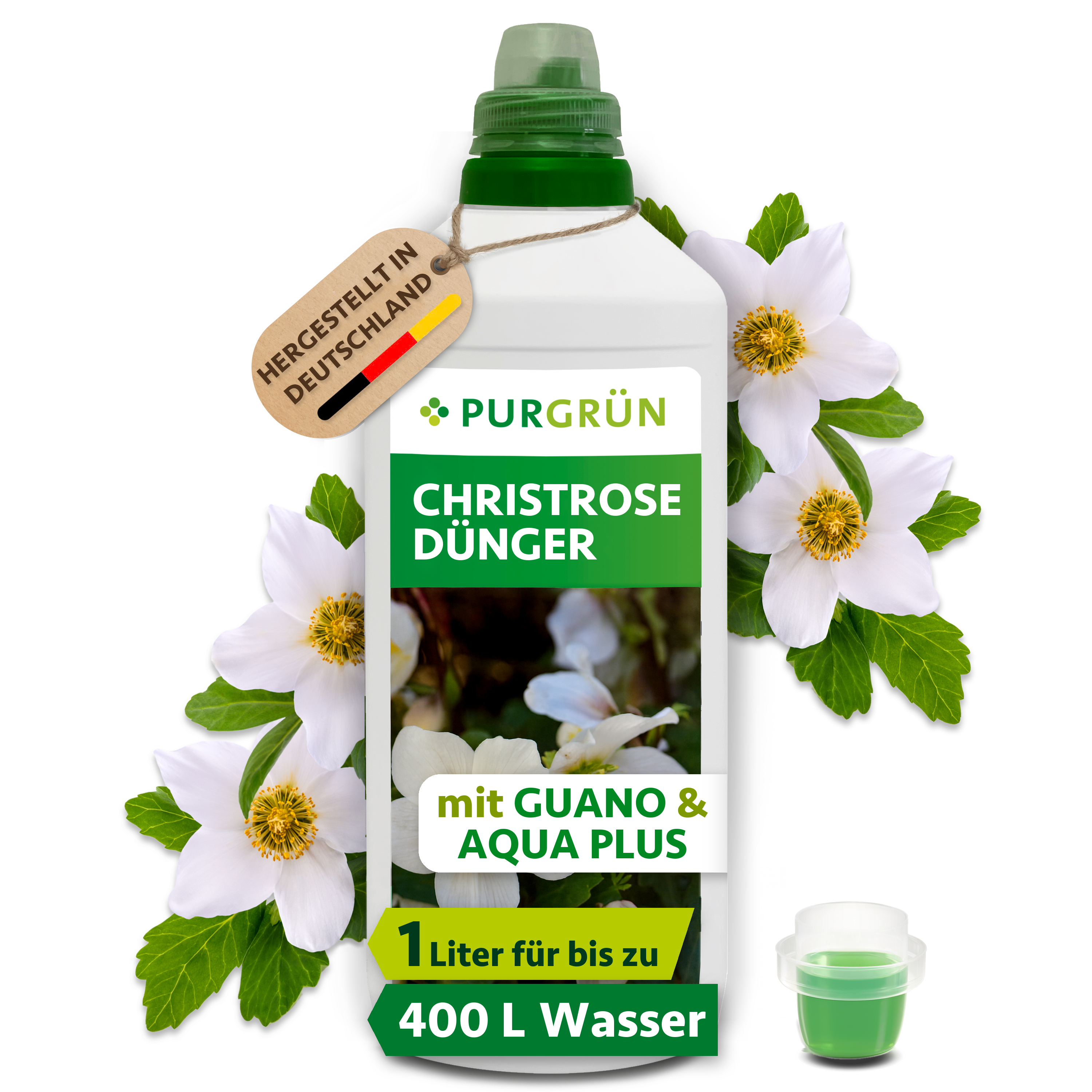 Christrose Dünger flüssig 1 L für bis zu 400 L Gießwasser, mit Guano & Aqua Plus, für Winterblüten – Purgrün