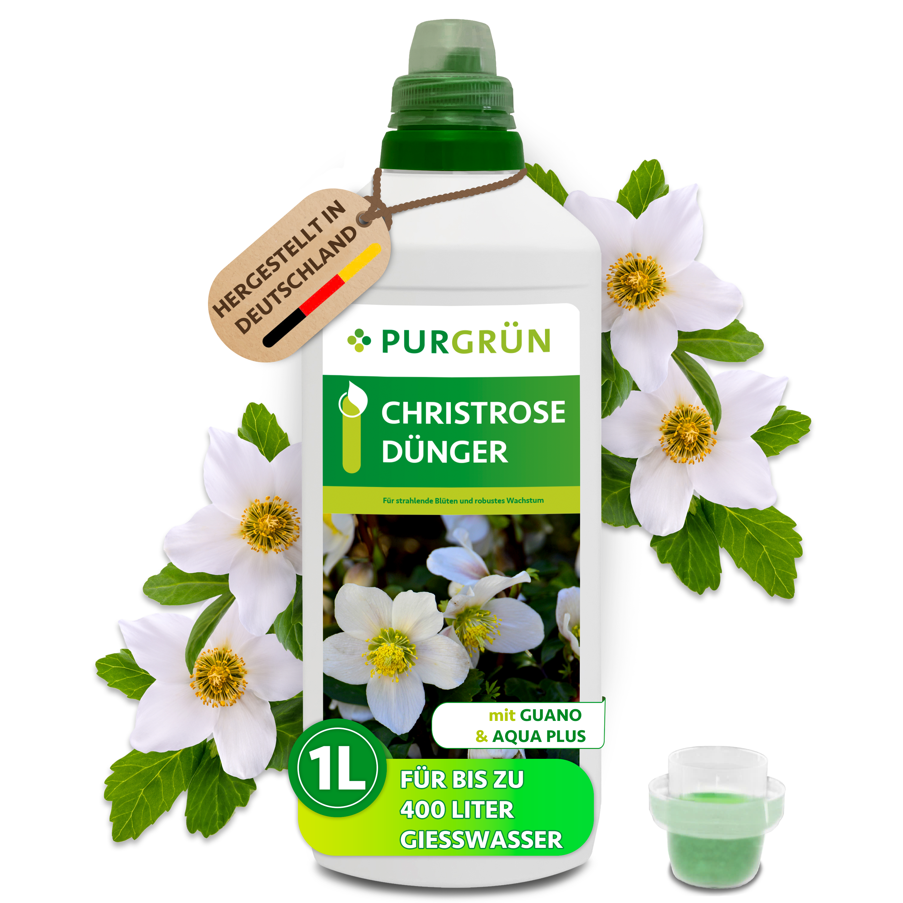 Christrose Dünger flüssig 1 L für bis zu 400 L Gießwasser, mit Guano & Aqua Plus, für Winterblüten – Purgrün