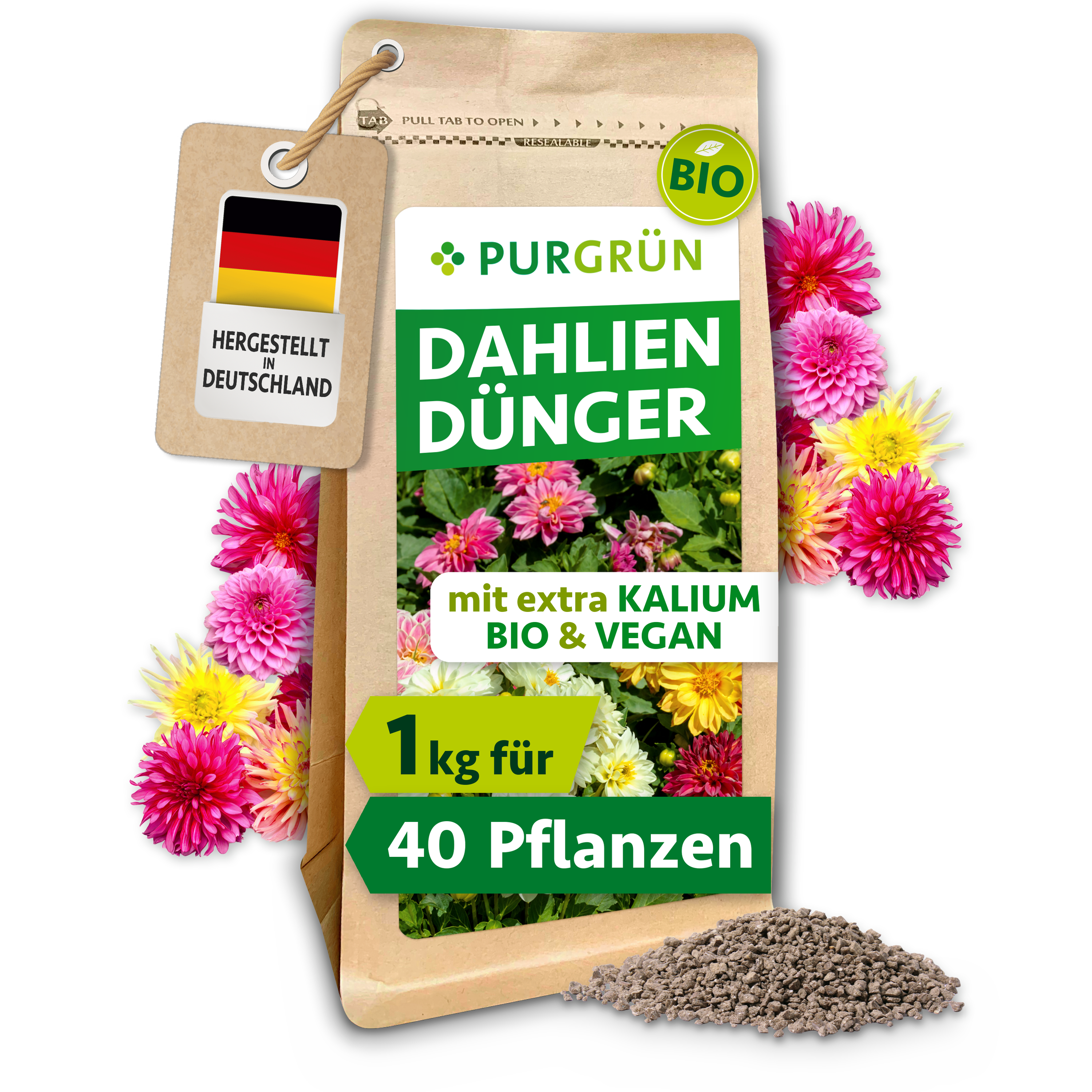 Dahlien Dünger Bio Granulat 1 kg, organisch, für üppige Blüten, chloridarm – Purgrün