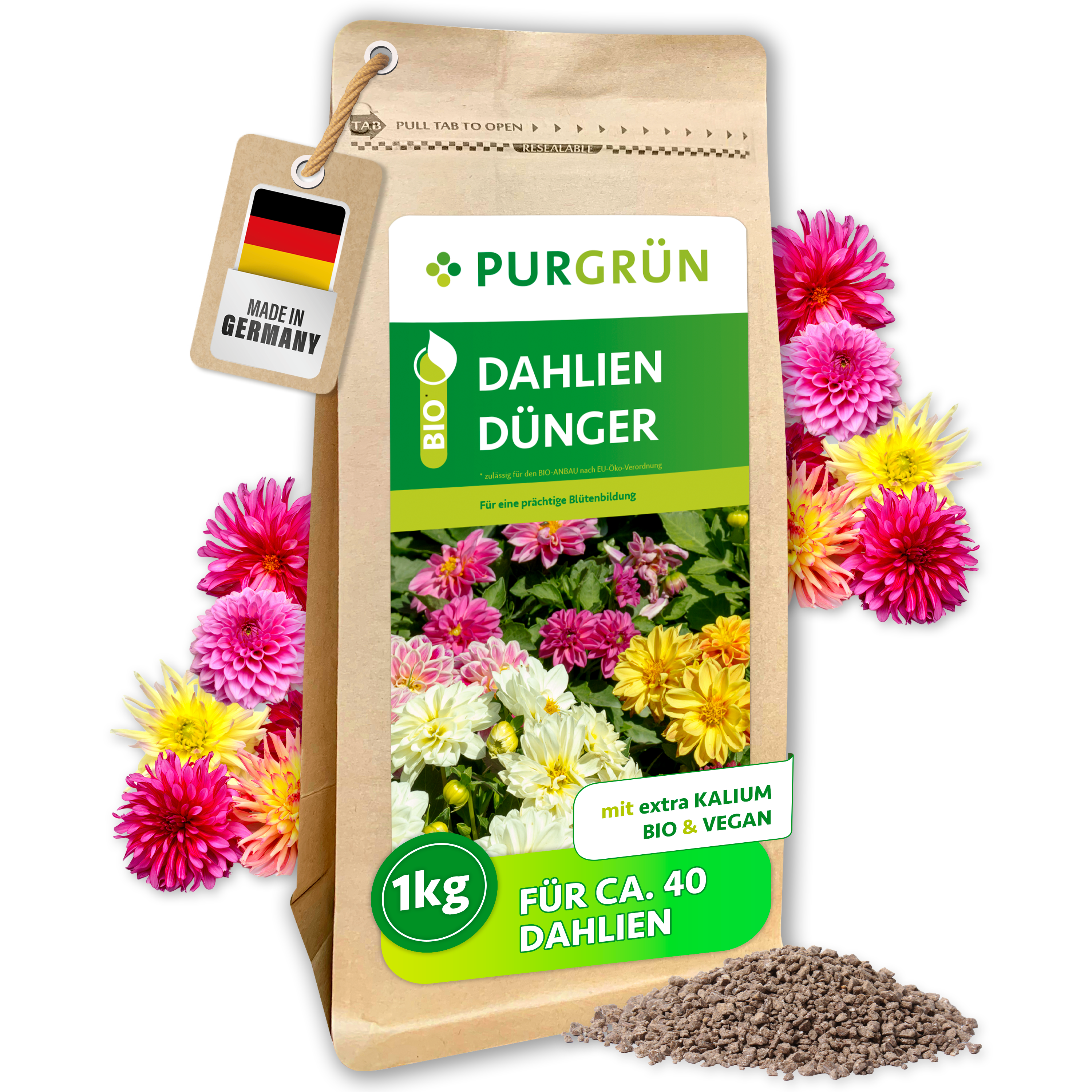 Dahlien Dünger Bio Granulat 1 kg, organisch, für üppige langanhaltende Blüten, chloridarm – Purgrün