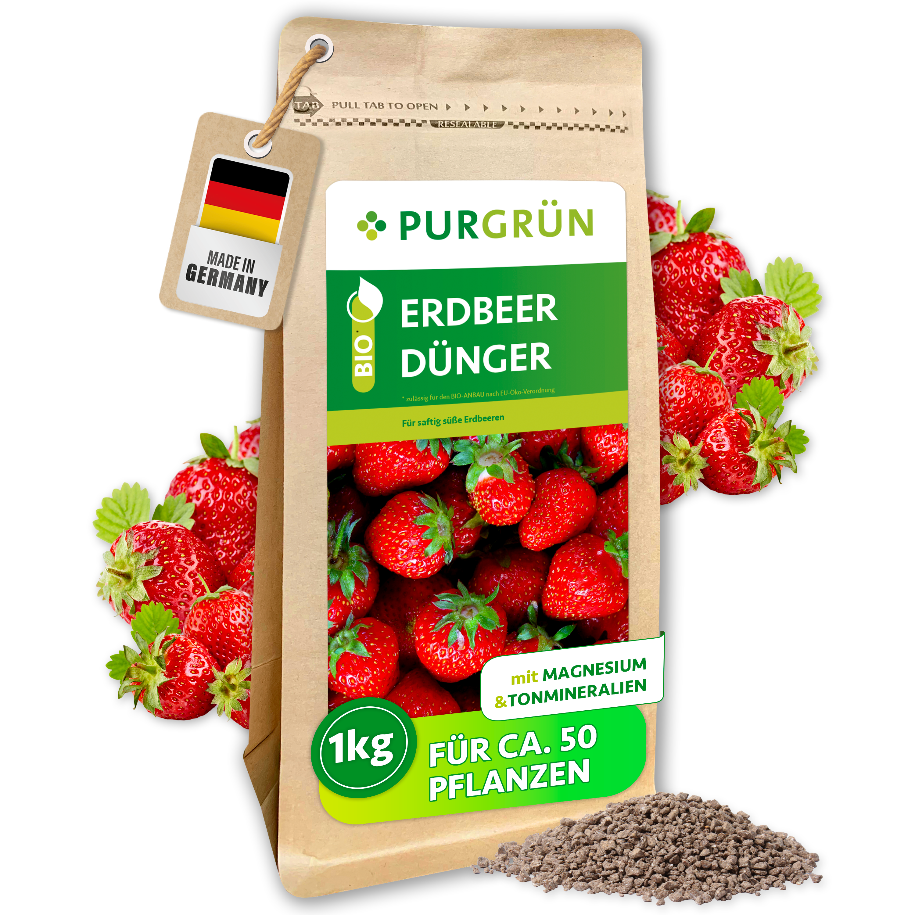 Purgrün / Erdbeerdünger Bio Granulat 1 kg, für süße Früchte, Sofort- & Langzeitwirkung