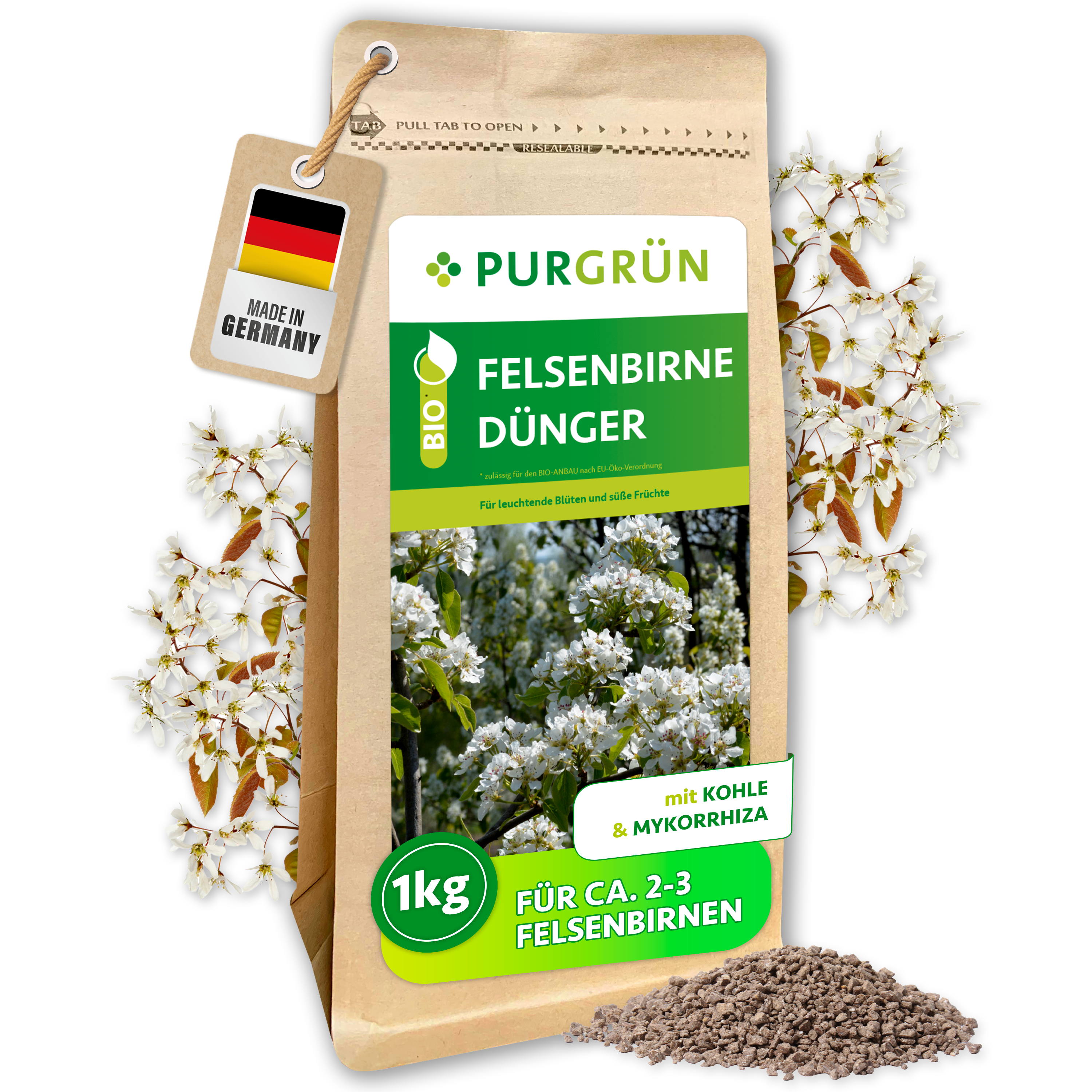 Purgrün / Felsenbirne Dünger Bio Granulat 1 kg, mit Pflanzenkohle & Mykorrhiza, für gesunde Wurzeln