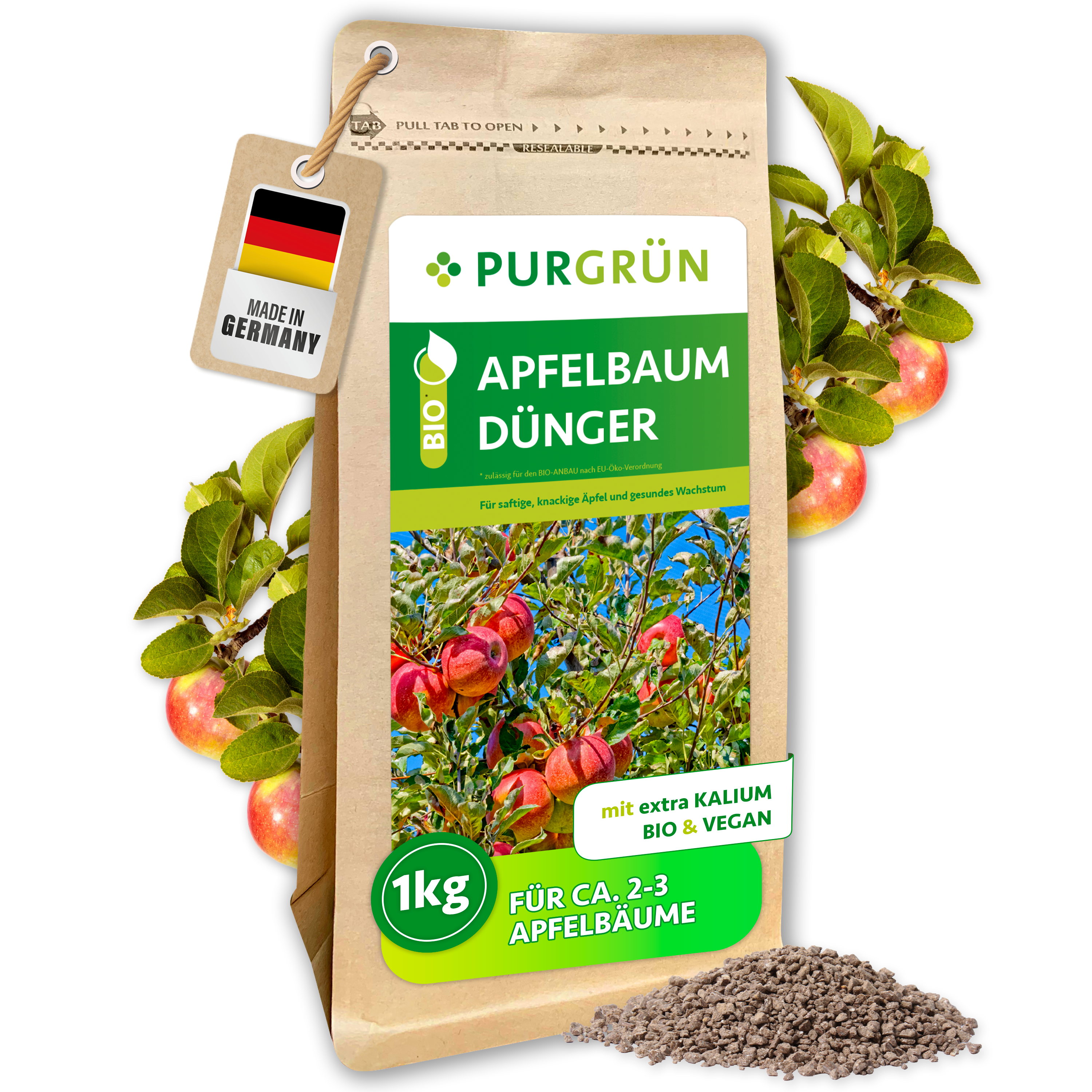 Purgrün / Apfelbaum Dünger Bio Granulat 1 kg, vegan, für saftige Äpfel, mit Langzeitwirkung