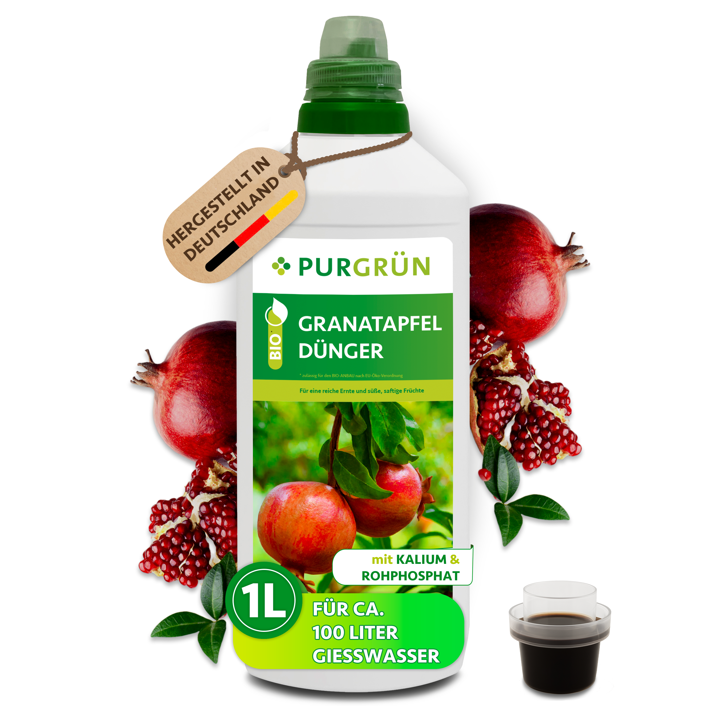Granatapfel Dünger Bio flüssig 1 L, vegan, für süße saftige Granatäpfel, mit Langzeitwirkung – Purgrün