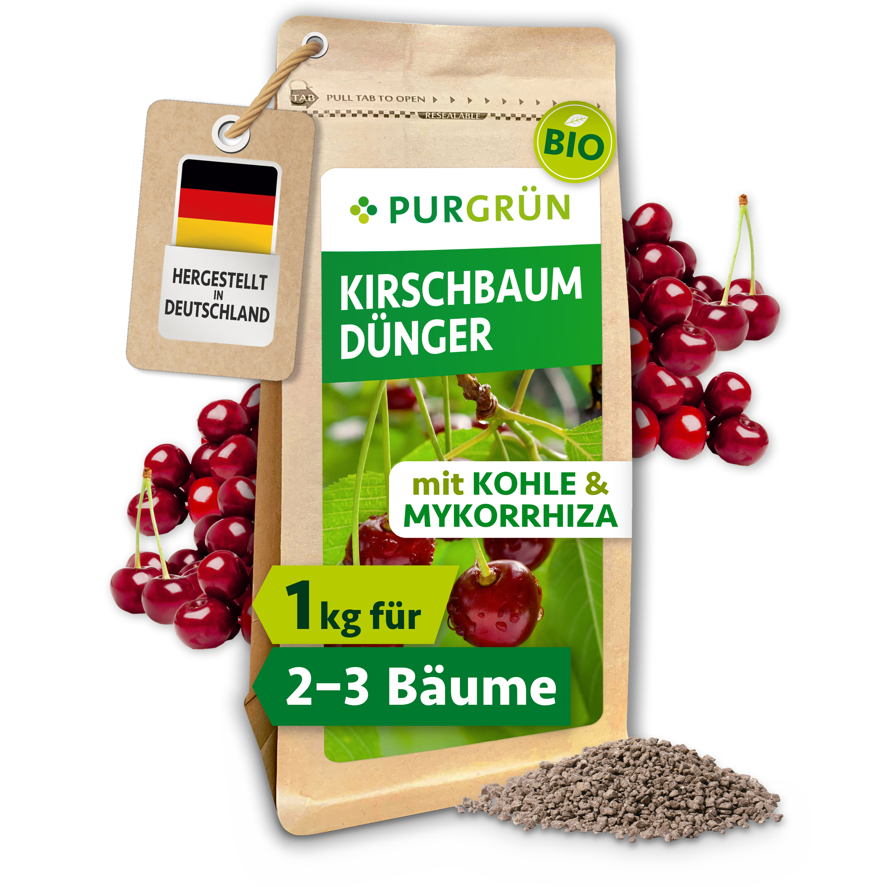 Kirschbaum Dünger Bio Granulat 1 kg, organisch-mineralisch, mit Pflanzenkohle und Mykorrhiza – Purgrün
