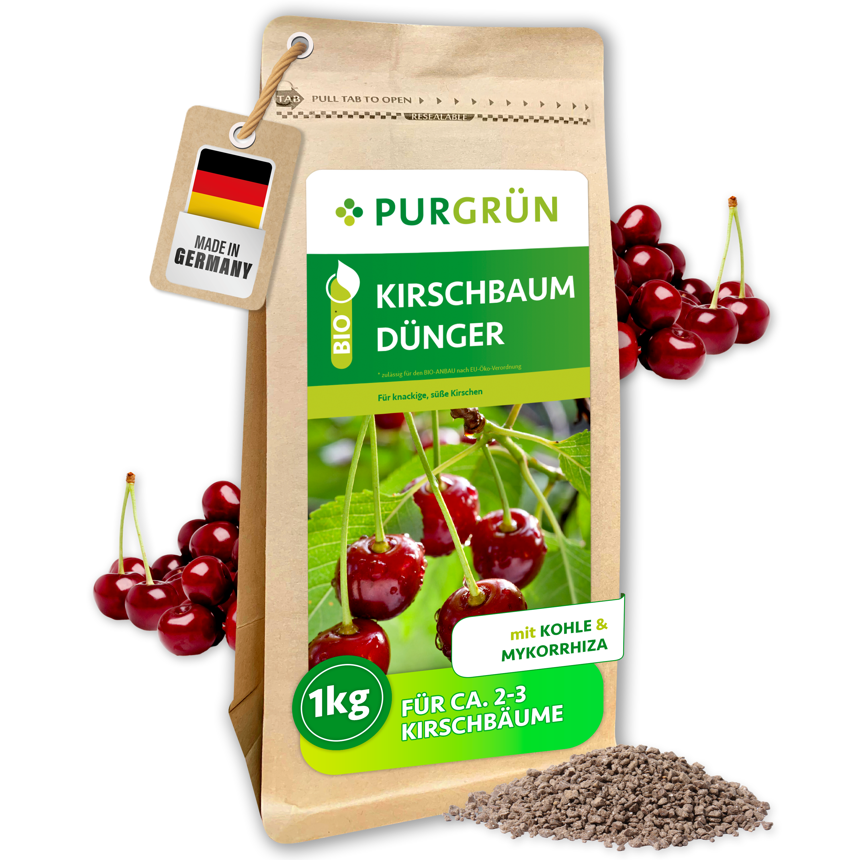 Kirschbaum Dünger Bio Granulat 1 kg, organisch-mineralisch, mit Pflanzenkohle und Mykorrhiza – Purgrün