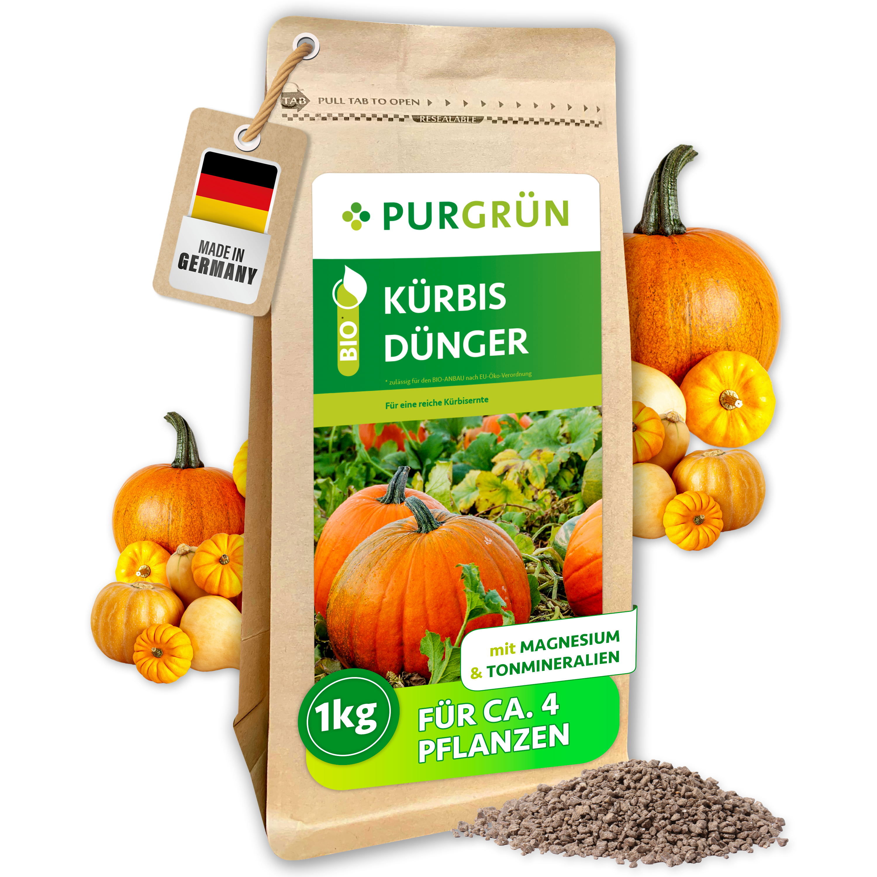 Kürbis Dünger Bio Granulat 1 kg, für schmackhafte Kürbisse, Sofort- & Langzeitwirkung – Purgrün