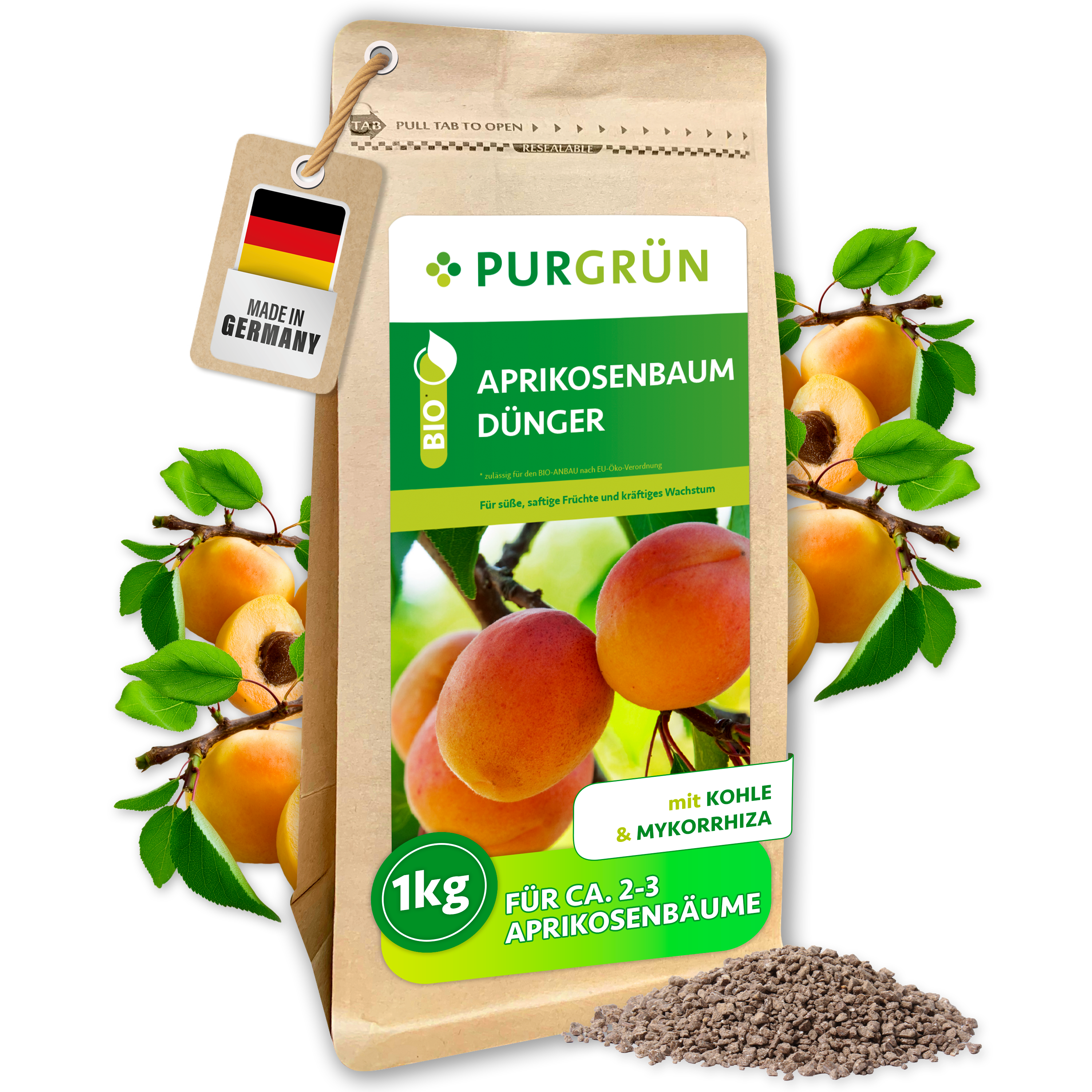 Aprikosenbaum Dünger Bio Granulat 1 kg, mit Pflanzenkohle und Mykorrhiza – Purgrün