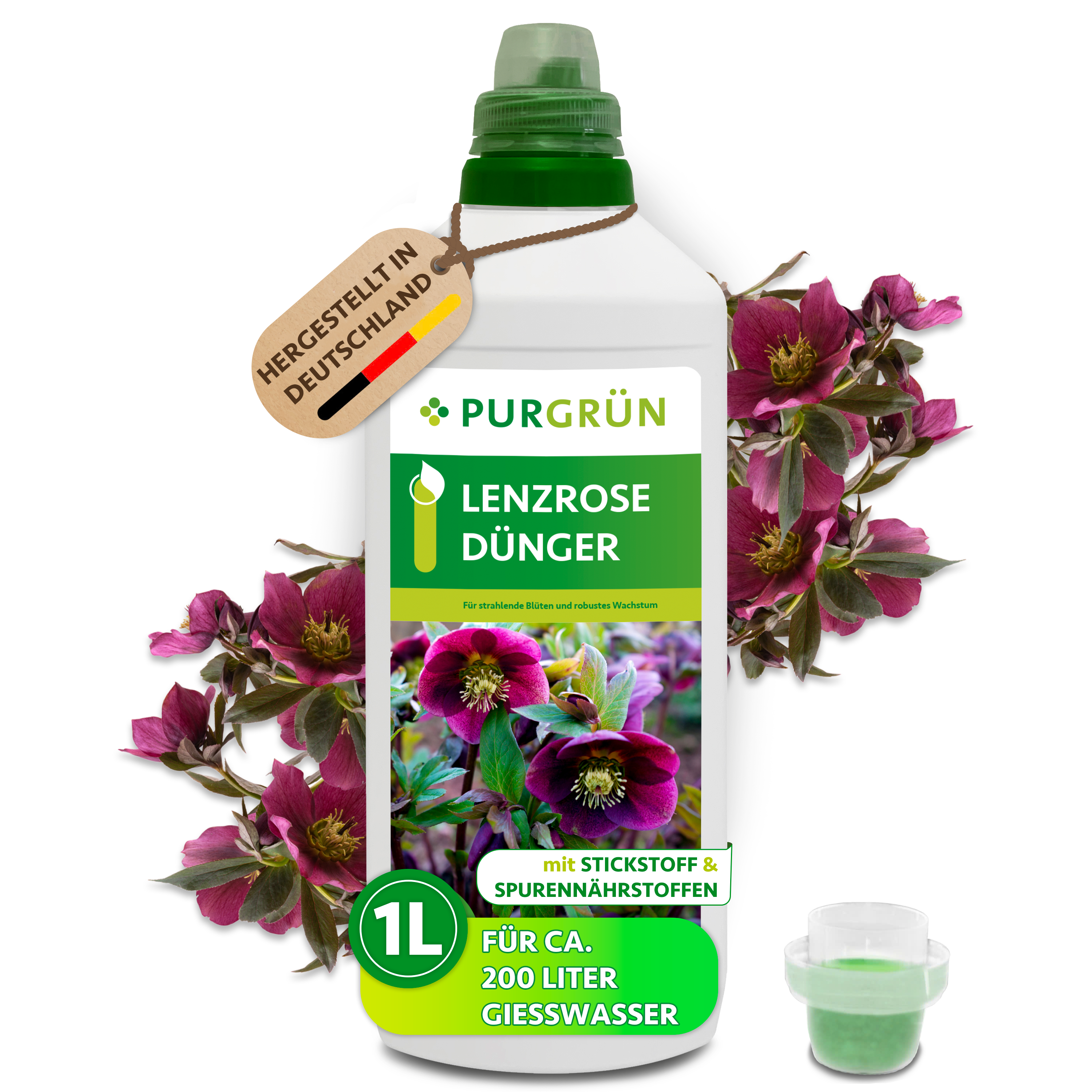 Lenzrose Dünger flüssig 1 L für 200 L Gießwasser, für kräftige Wurzeln & üppige Blüten – Purgrün