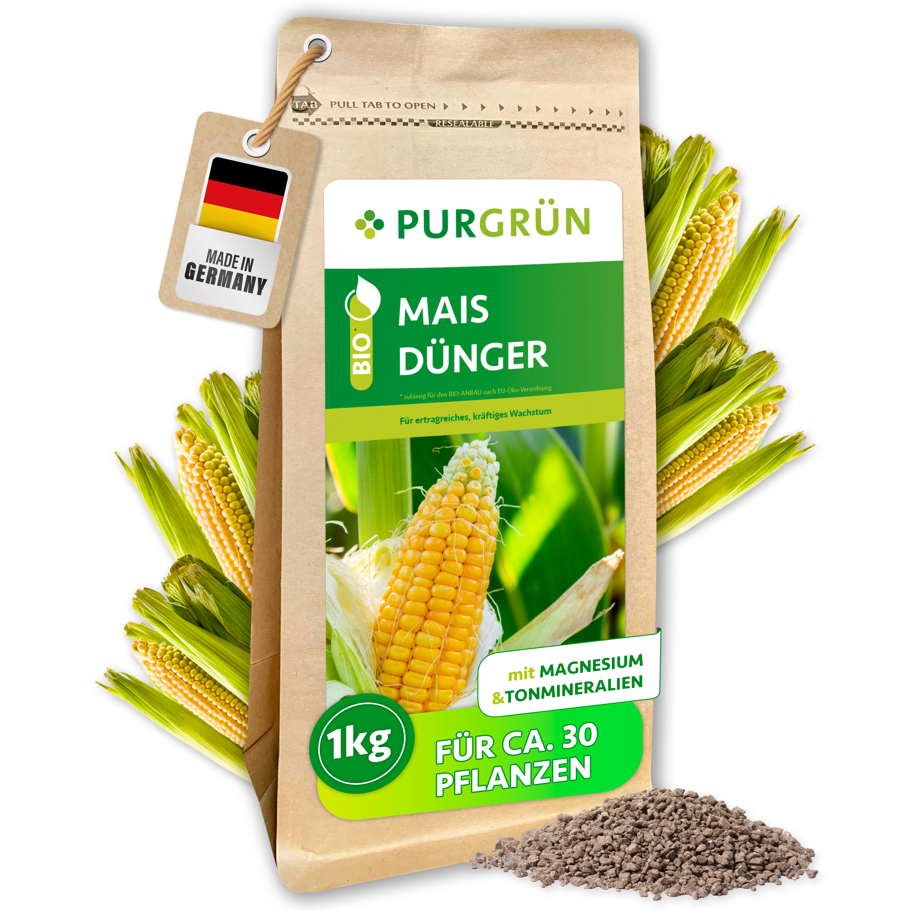 Mais Dünger Bio Granulat 1 kg für 10–15 m², für hohe Erträge, Sofort- & Langzeitwirkung – Purgrün