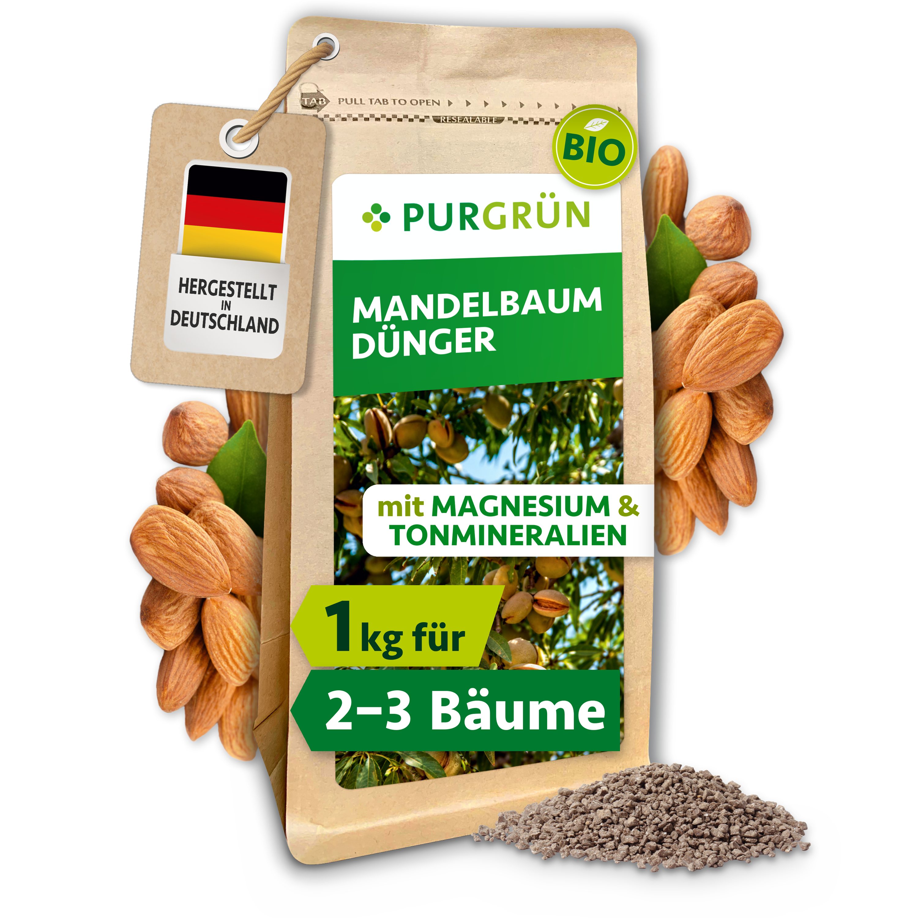 Purgrün | Mandelbaum Dünger Bio Granulat 1 kg, für leuchtende Blüten, mit Langzeitwirkung