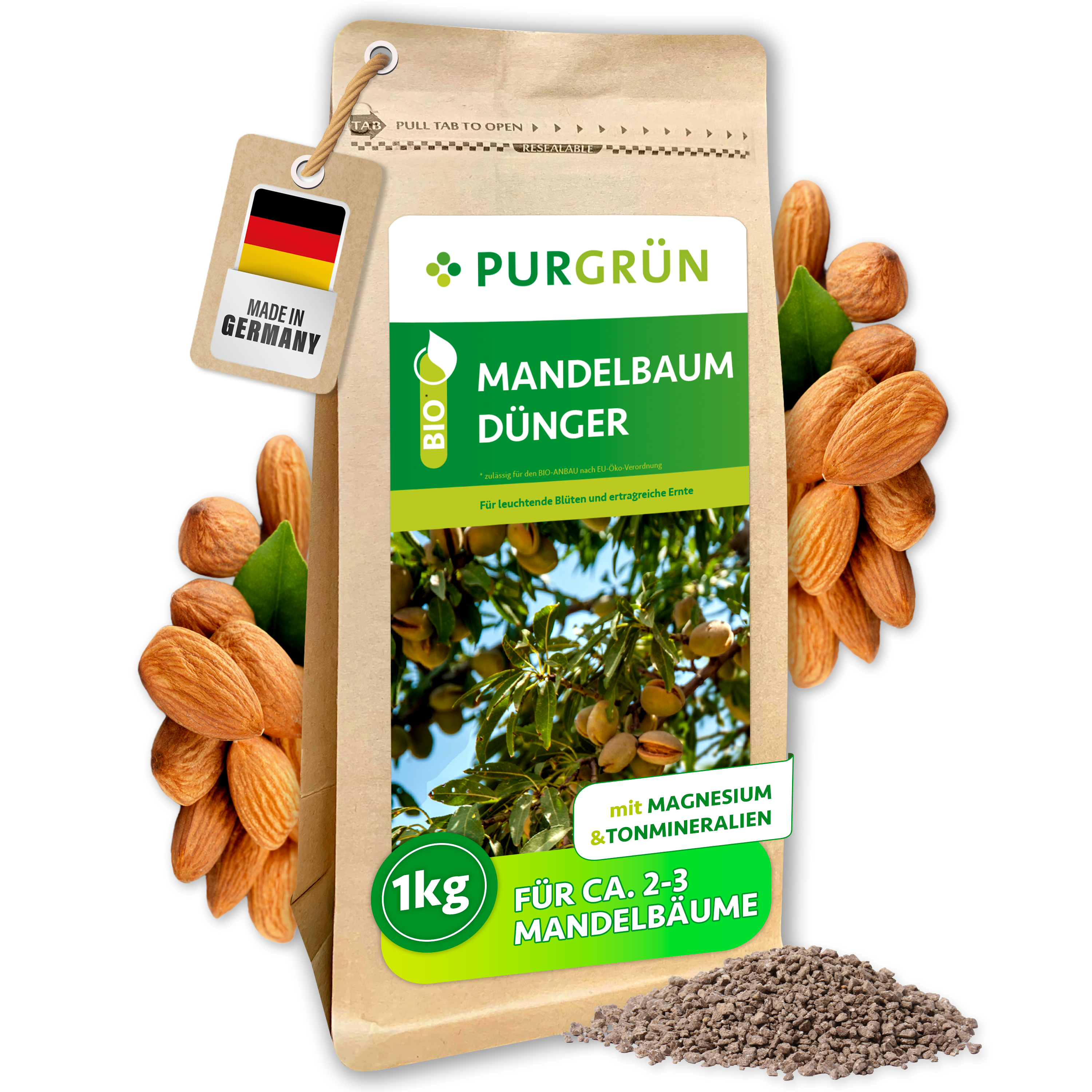 Purgrün / Mandelbaum Dünger Bio Granulat 1 kg, für üppige Blüte & reiche Ernte, Sofort- & Langzeitwirkung