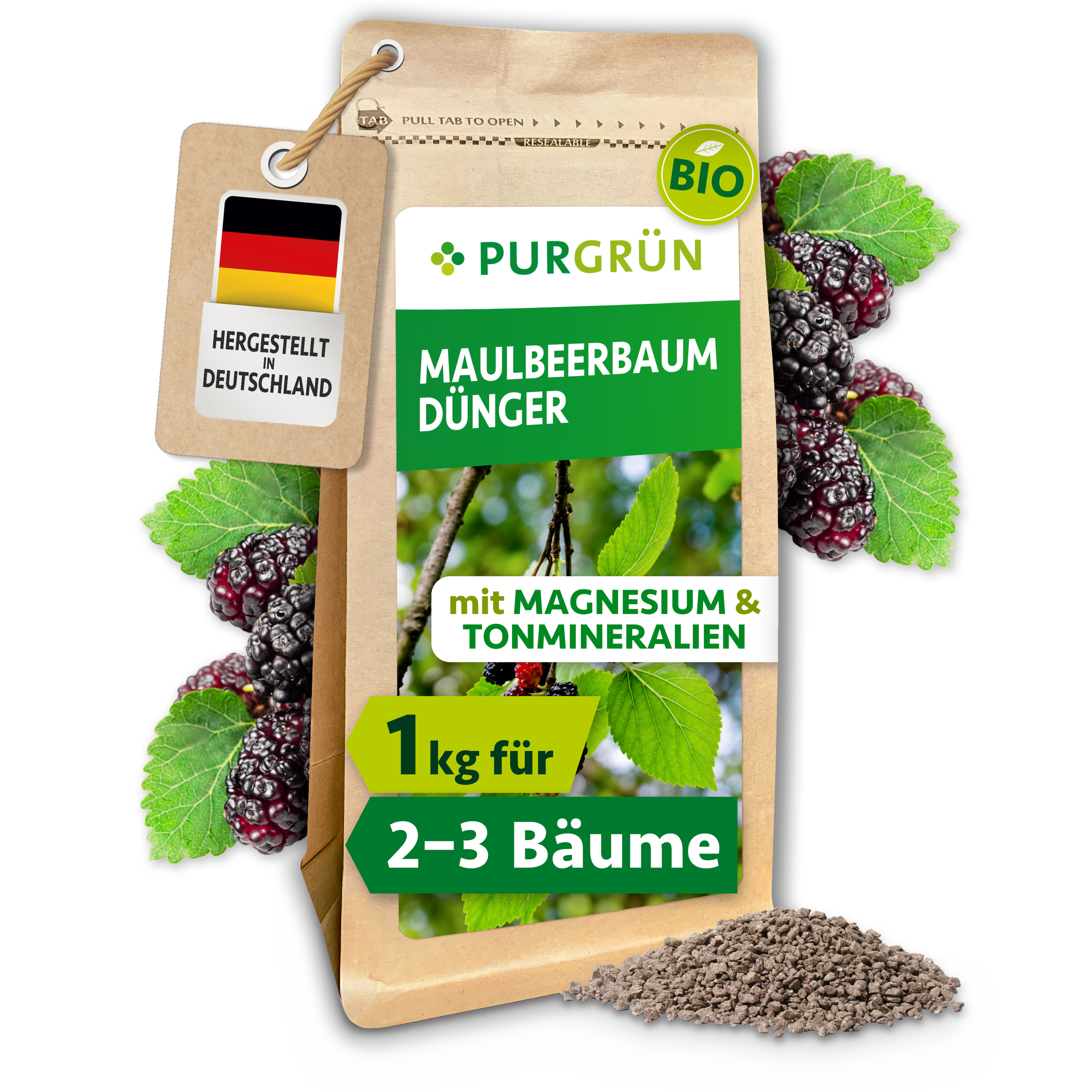 Purgrün | Maulbeerbaum Dünger Bio Granulat 1 kg, für saftige Früchte, Langzeitwirkung