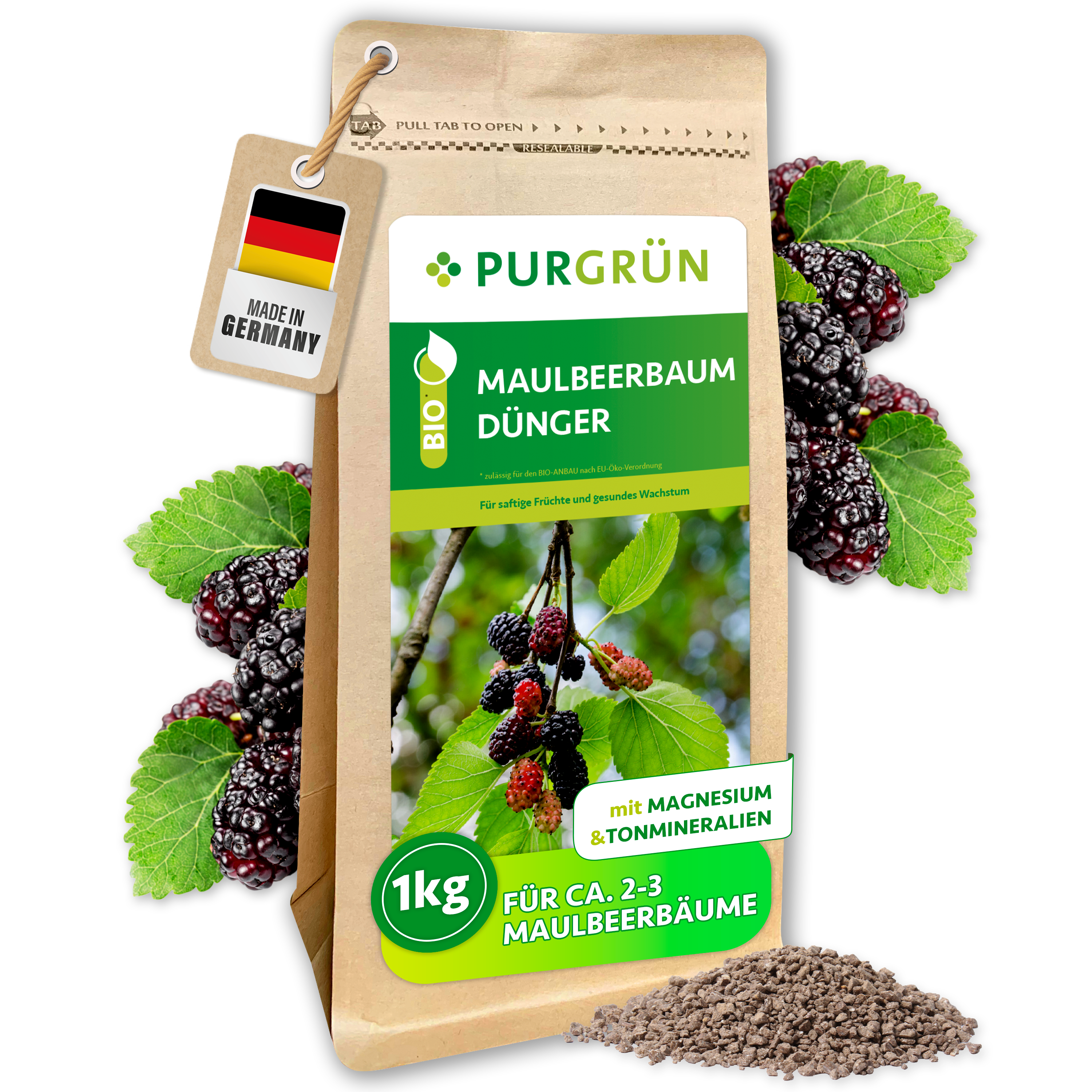 Purgrün / Maulbeerbaum Dünger Bio Granulat 1 kg, für aromatische reiche Ernte, Sofort- & Langzeitwirkung
