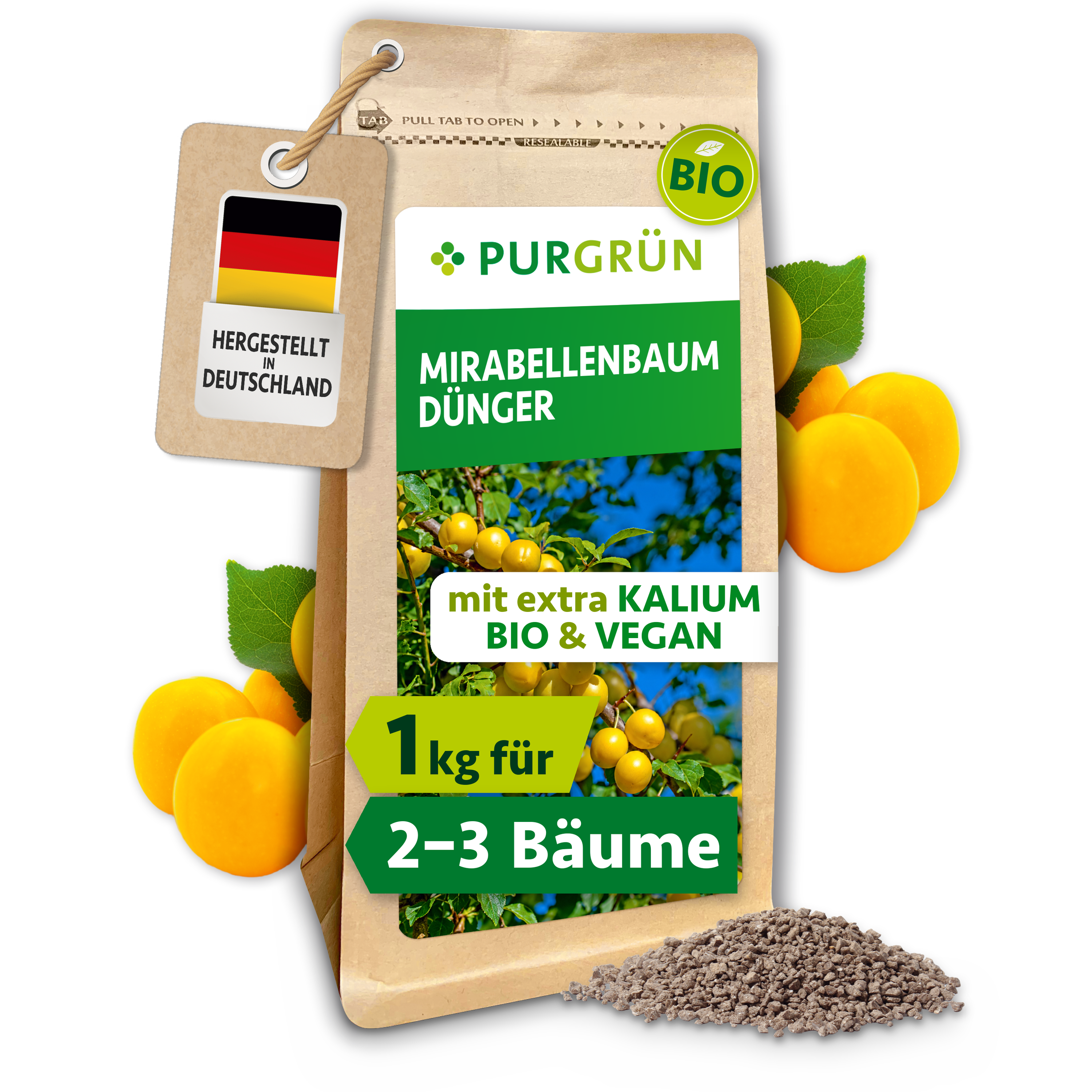 Purgrün | Mirabellenbaum Dünger Bio Granulat 1 kg, organisch, vegan