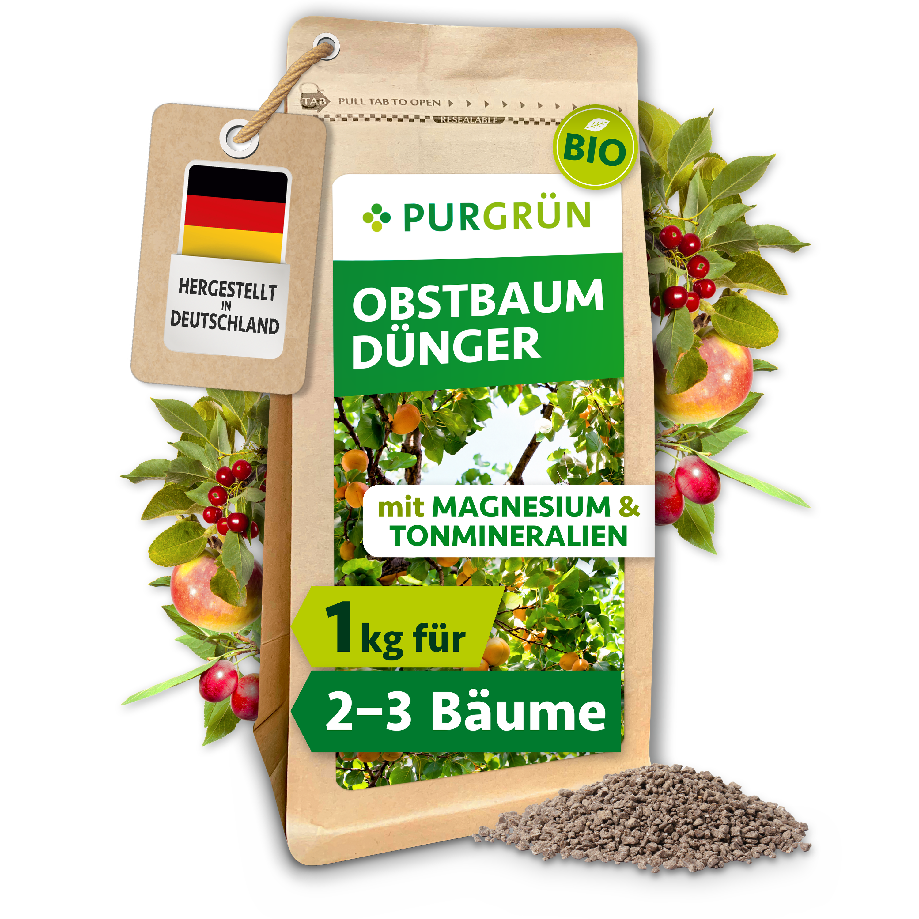 Purgrün | Obstbaum Dünger Bio Granulat 1 kg, für kräftige Obstbäume, mit Langzeitwirkung
