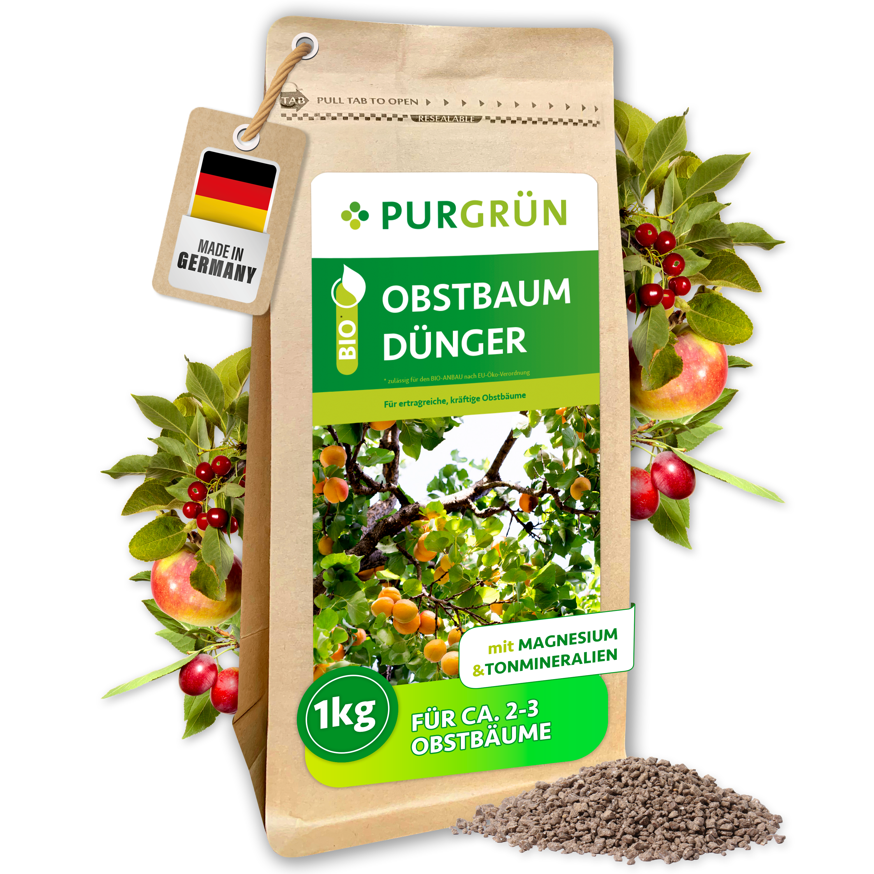 Purgrün / Obstbaum Dünger Bio Granulat 1 kg, für aromatische Obsternte, Sofort- & Langzeitwirkung