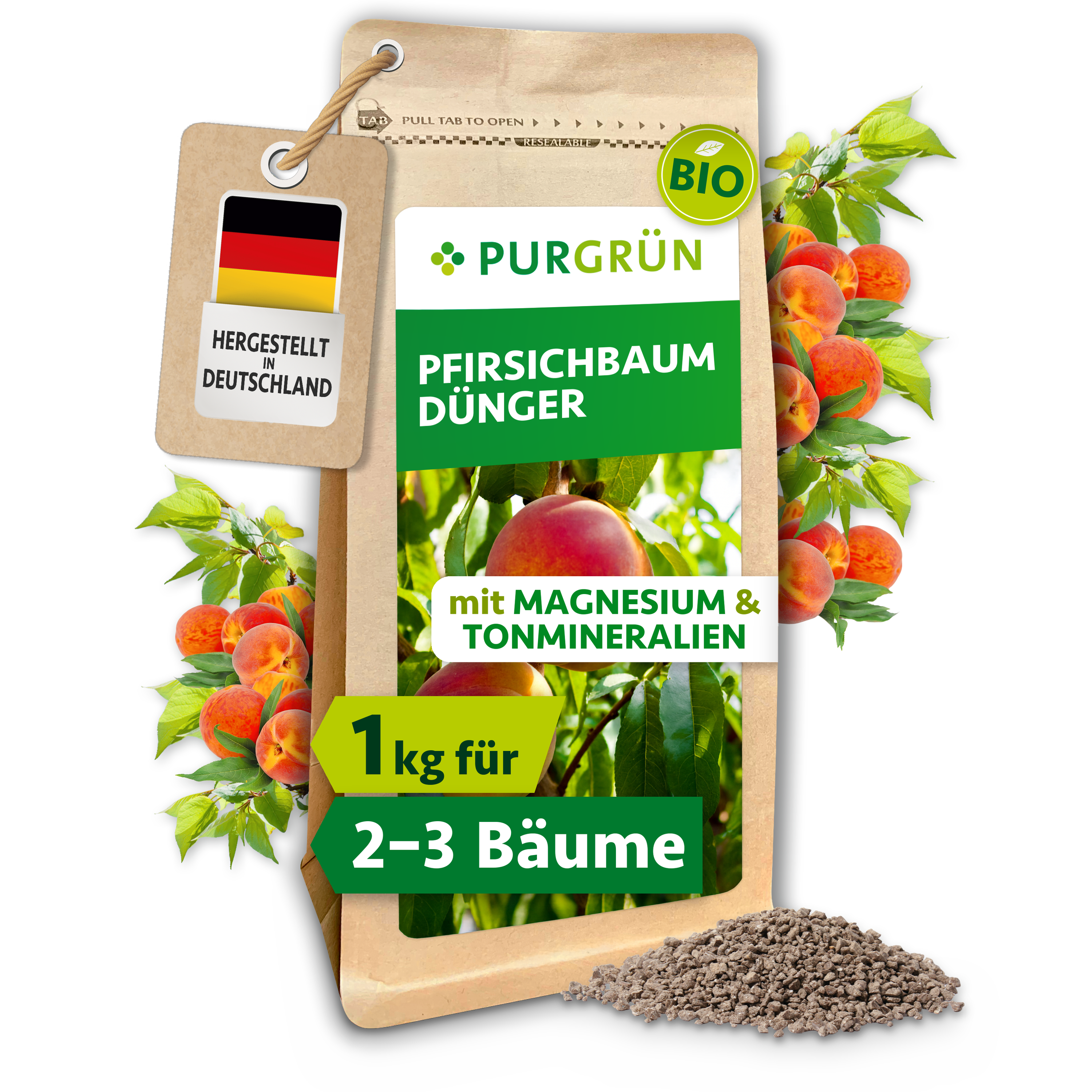 Purgrün | Pfirsichbaum Dünger Bio Granulat 1 kg, für süße aromatische Pfirsiche, Langzeitwirkung