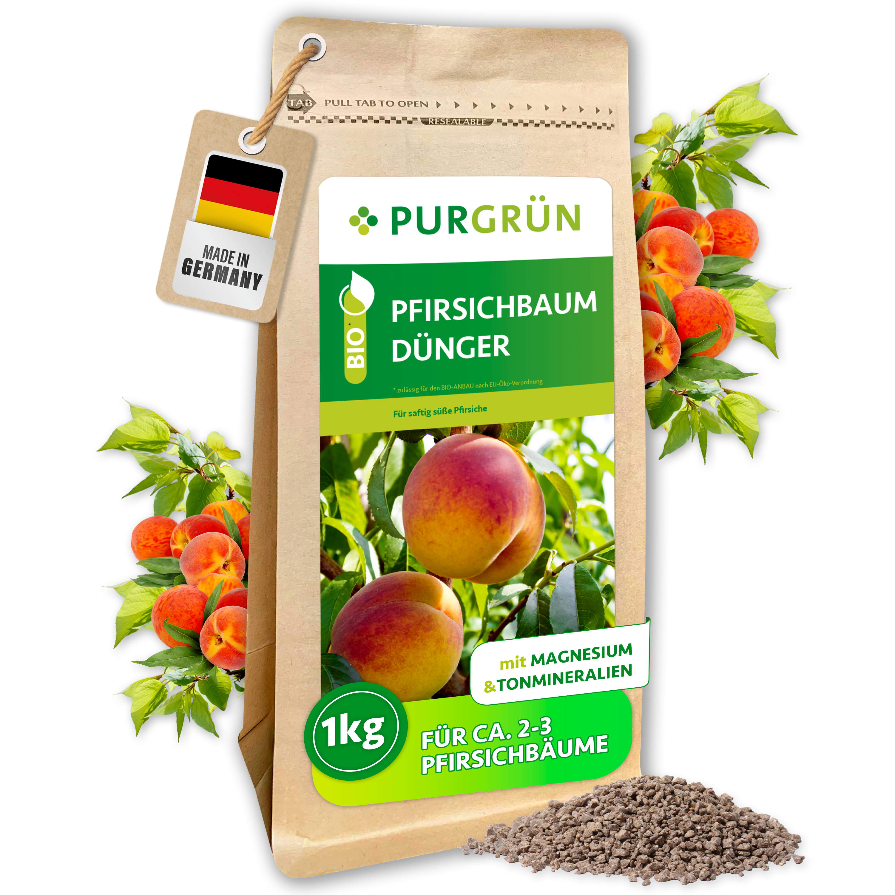Purgrün / Pfirsichbaum Dünger Bio Granulat 1 kg, für süße aromatische Pfirsiche, Sofort- & Langzeitwirkung