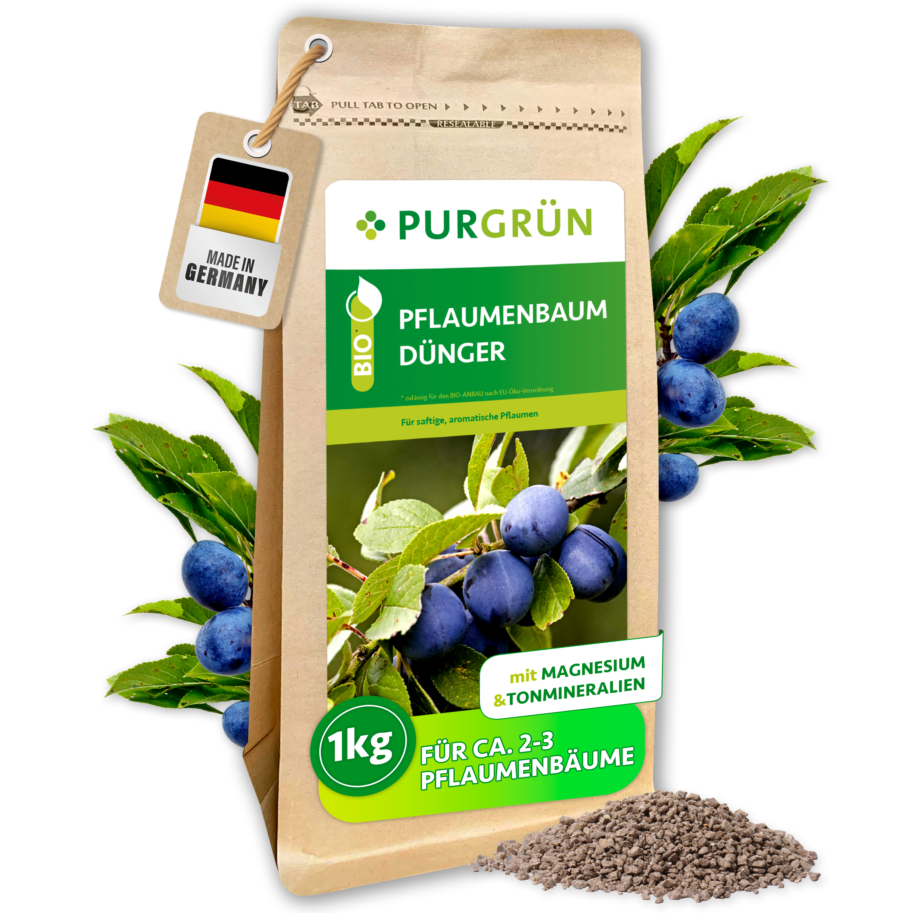 Purgrün / Pflaumenbaum Dünger Bio Granulat 1 kg, für süße aromatische Pflaumen, Sofort- & Langzeitwirkung