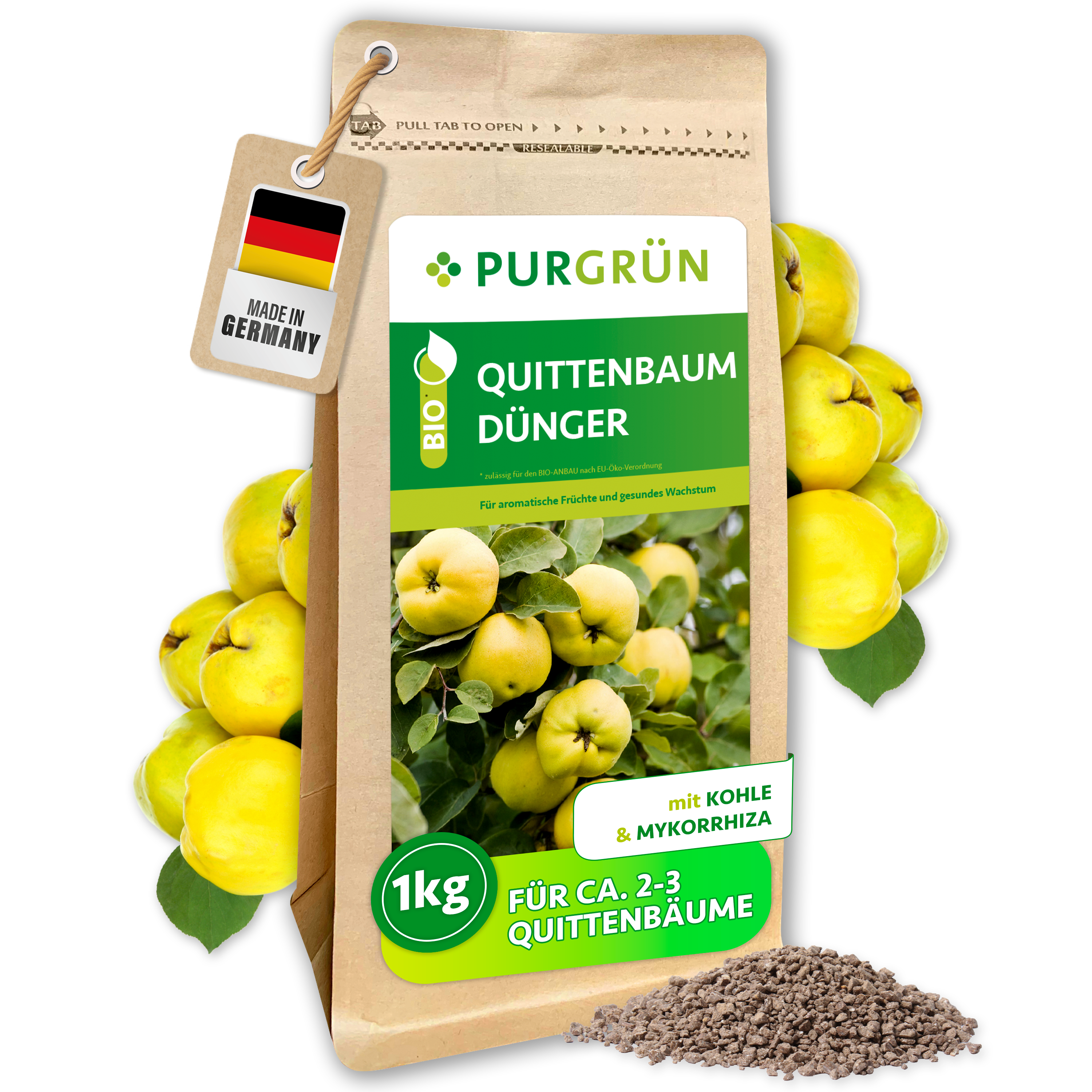 Quittenbaum Dünger Bio Granulat 1 kg, mit Pflanzenkohle & Mykorrhiza, für aromatische Quitten – Purgrün