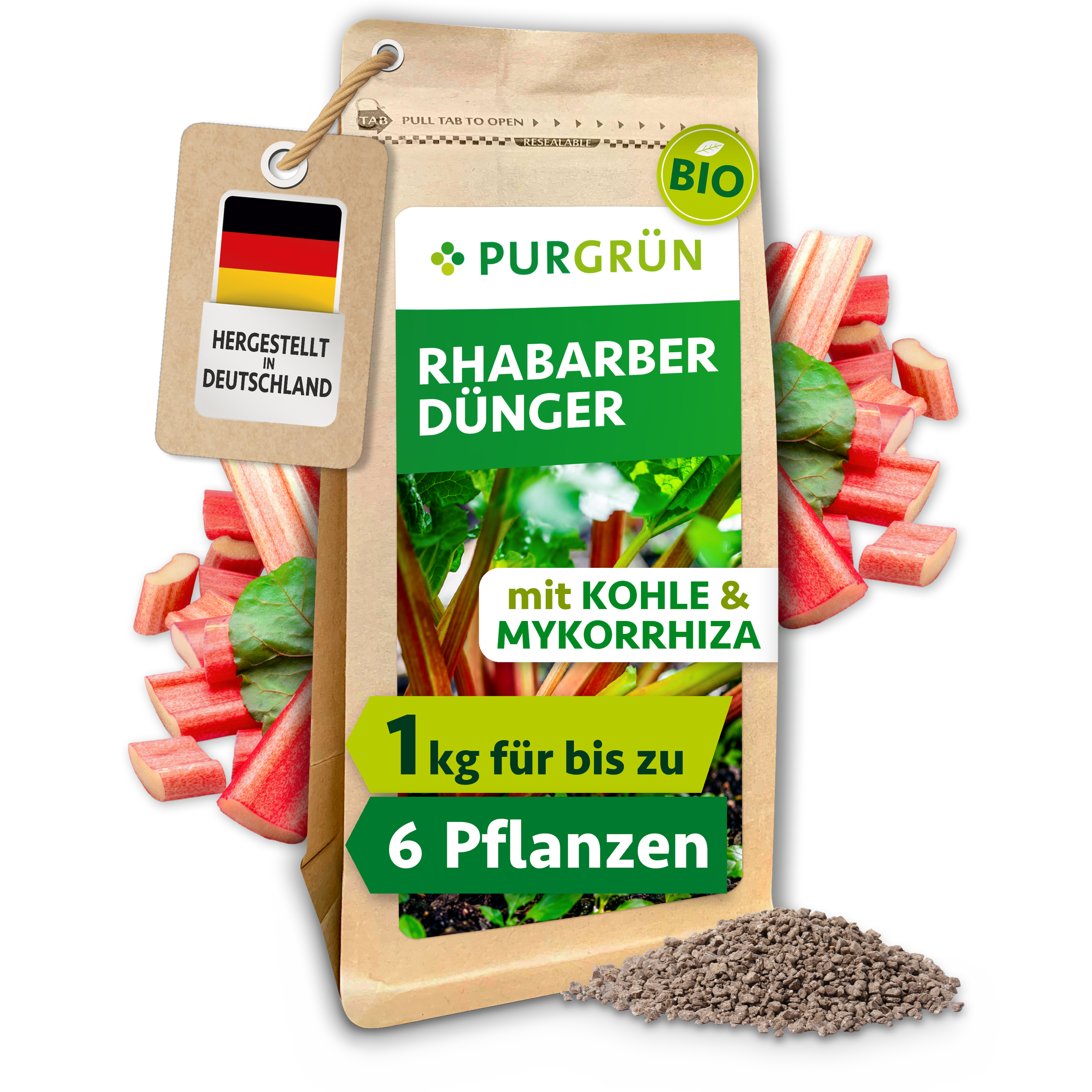 Purgrün | Rhabarber Dünger Bio Granulat 1 kg, mit Pflanzenkohle & Mykorrhiza