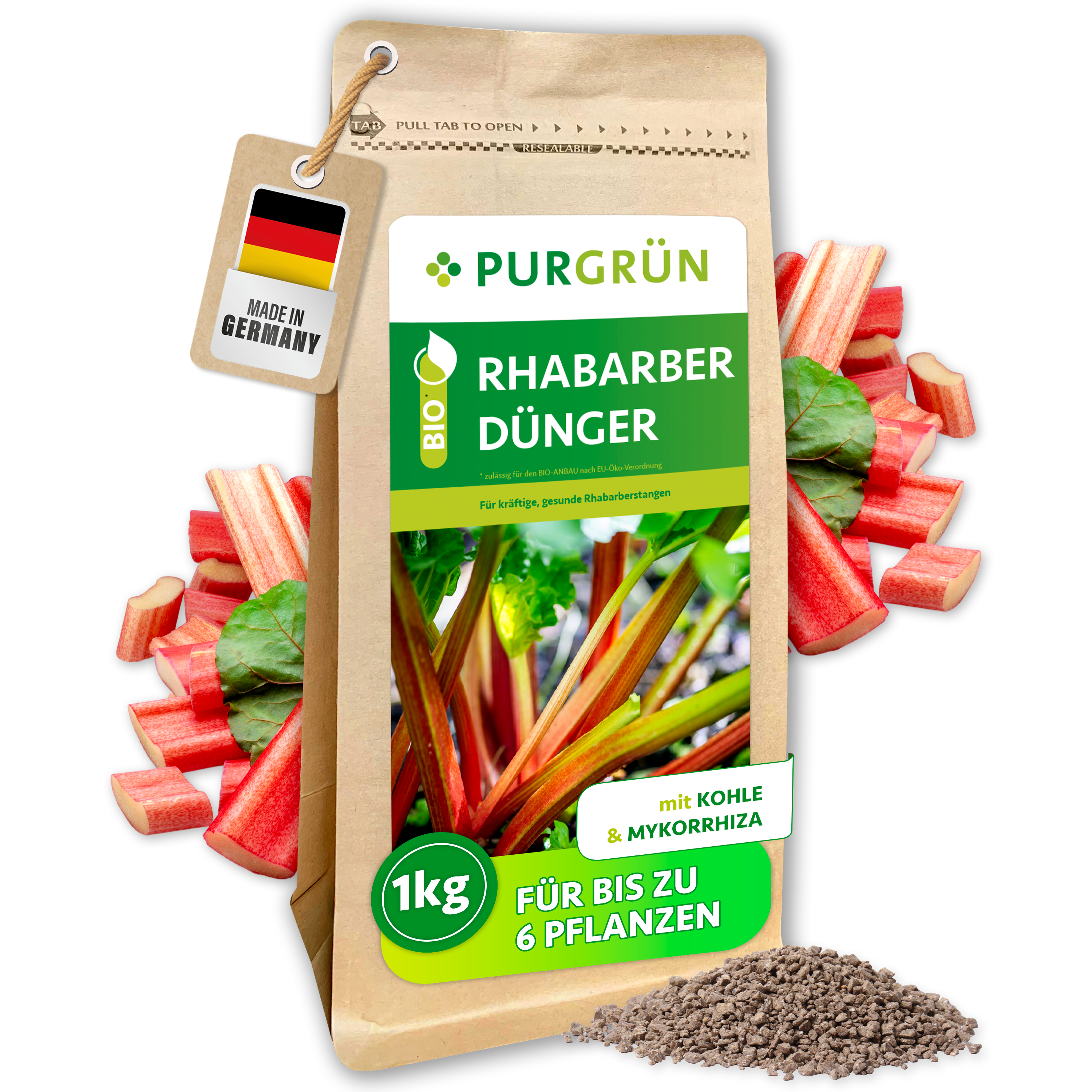 Purgrün / Rhabarber Dünger Bio Granulat 1 kg, mit Pflanzenkohle & Mykorrhiza, für reiche Ernte