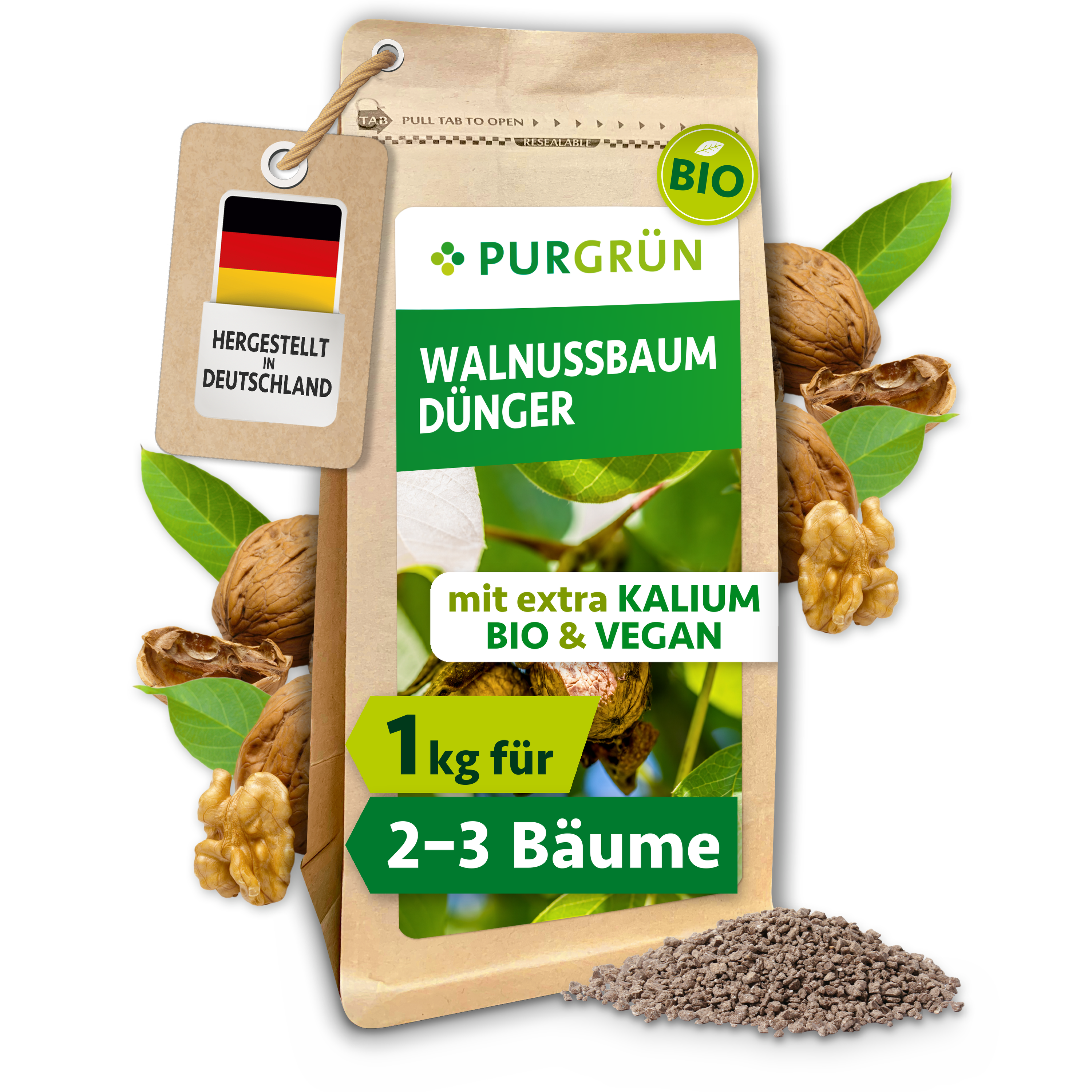 Walnussbaum Dünger Bio Granulat 1 kg, vegan, für reiche Walnussernte, mit Langzeitwirkung – Purgrün