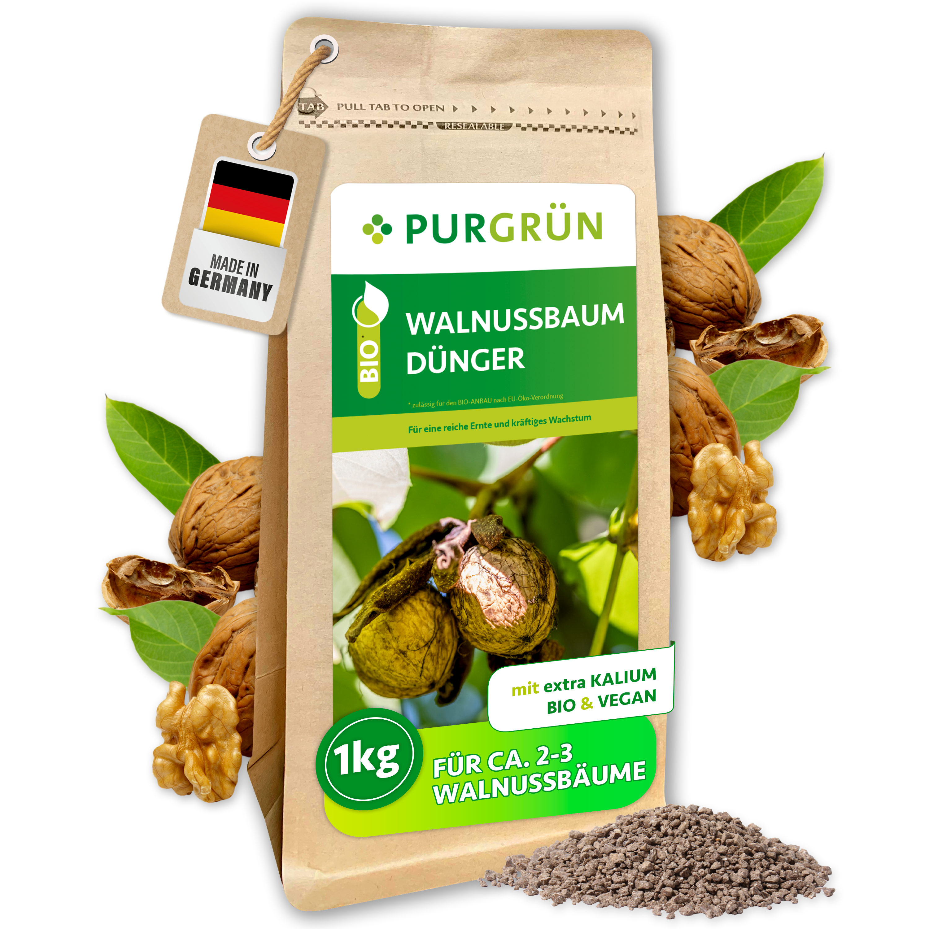 Walnussbaum Dünger Bio Granulat 1 kg, vegan, für reiche Walnussernte, mit Langzeitwirkung – Purgrün