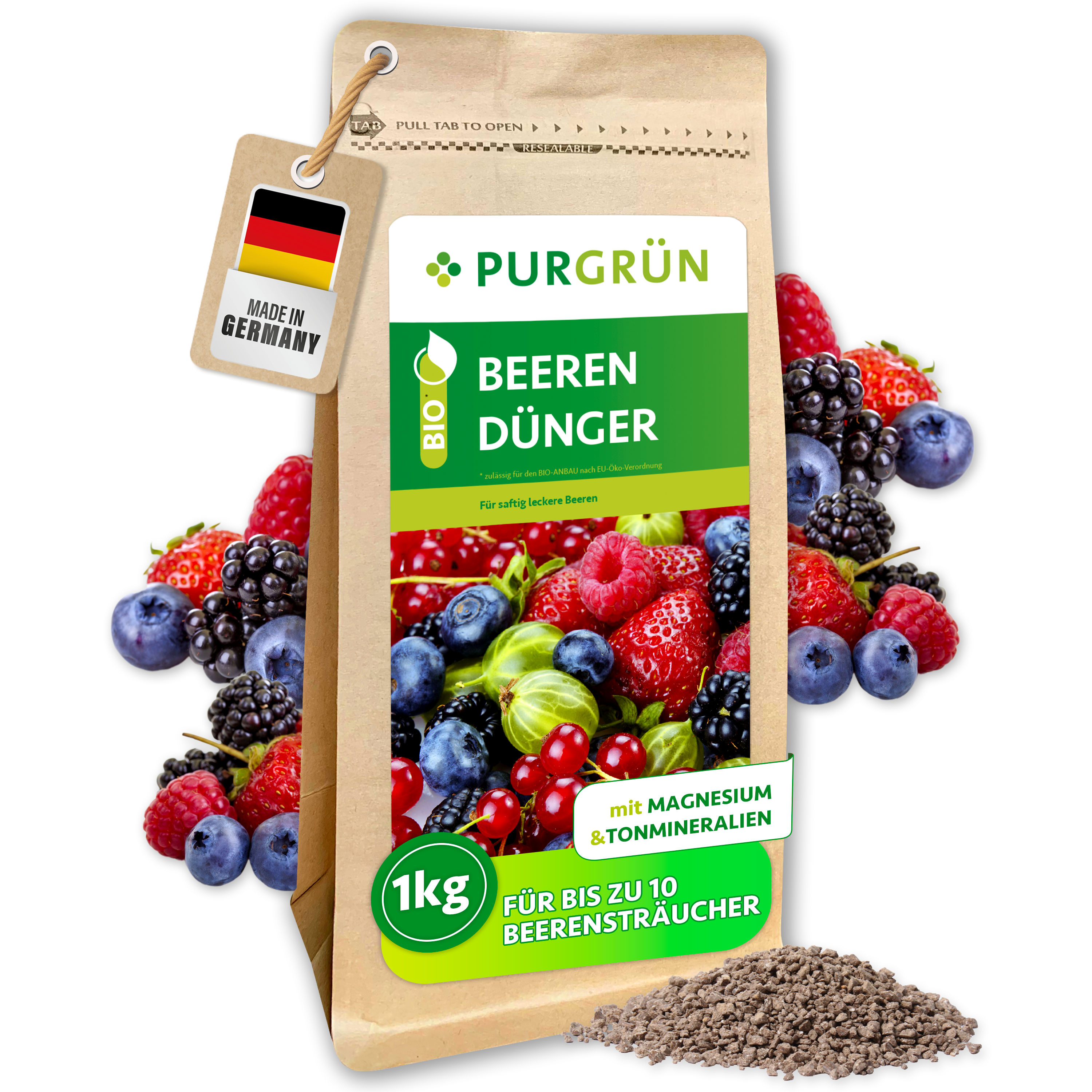 Beerendünger Bio Granulat 1 kg, für aromatische Beerenernten, Sofort- & Langzeitwirkung – Purgrün
