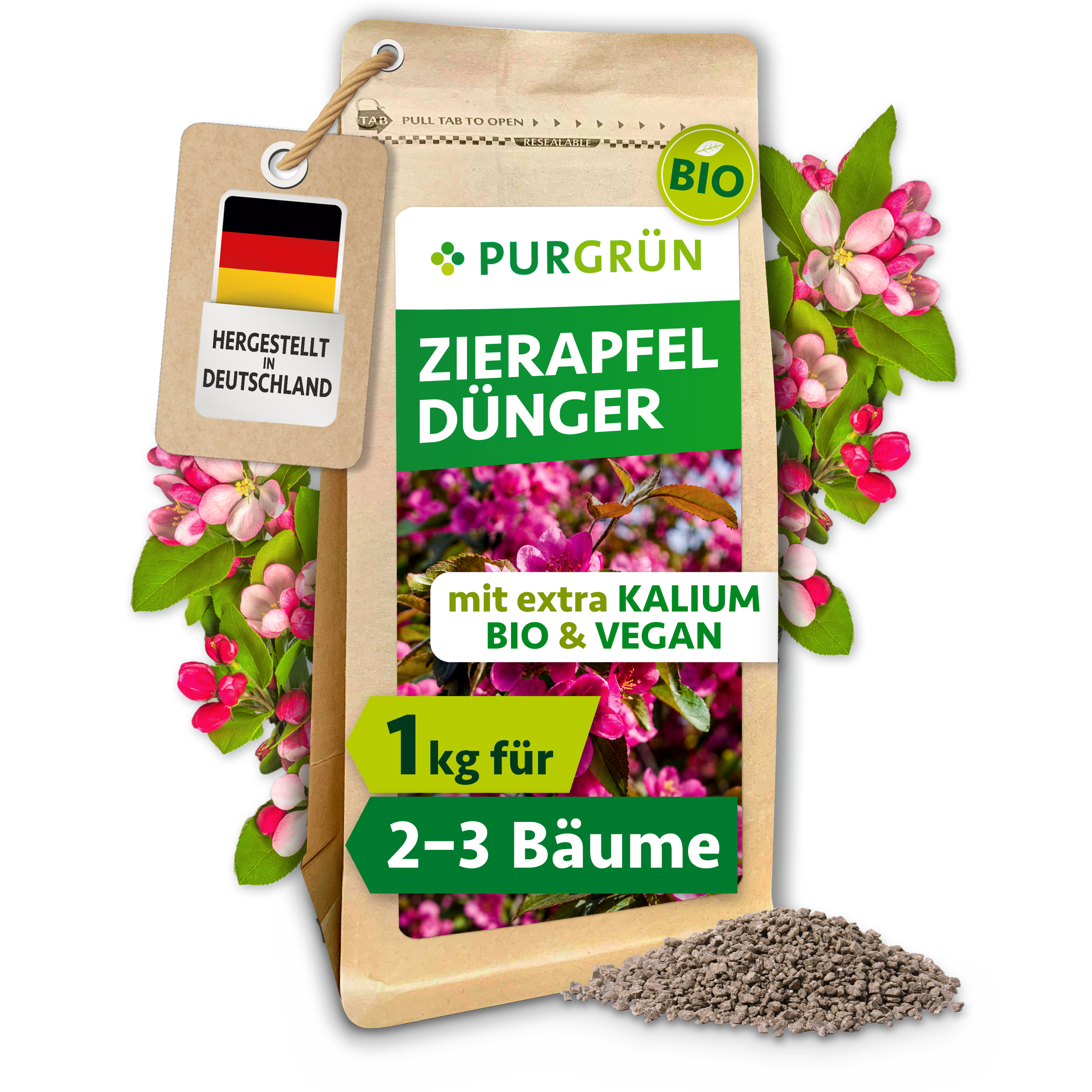 Zierapfel Dünger Bio Granulat 1 kg, vegan, für üppige Blüten & Zierfrüchte – Purgrün